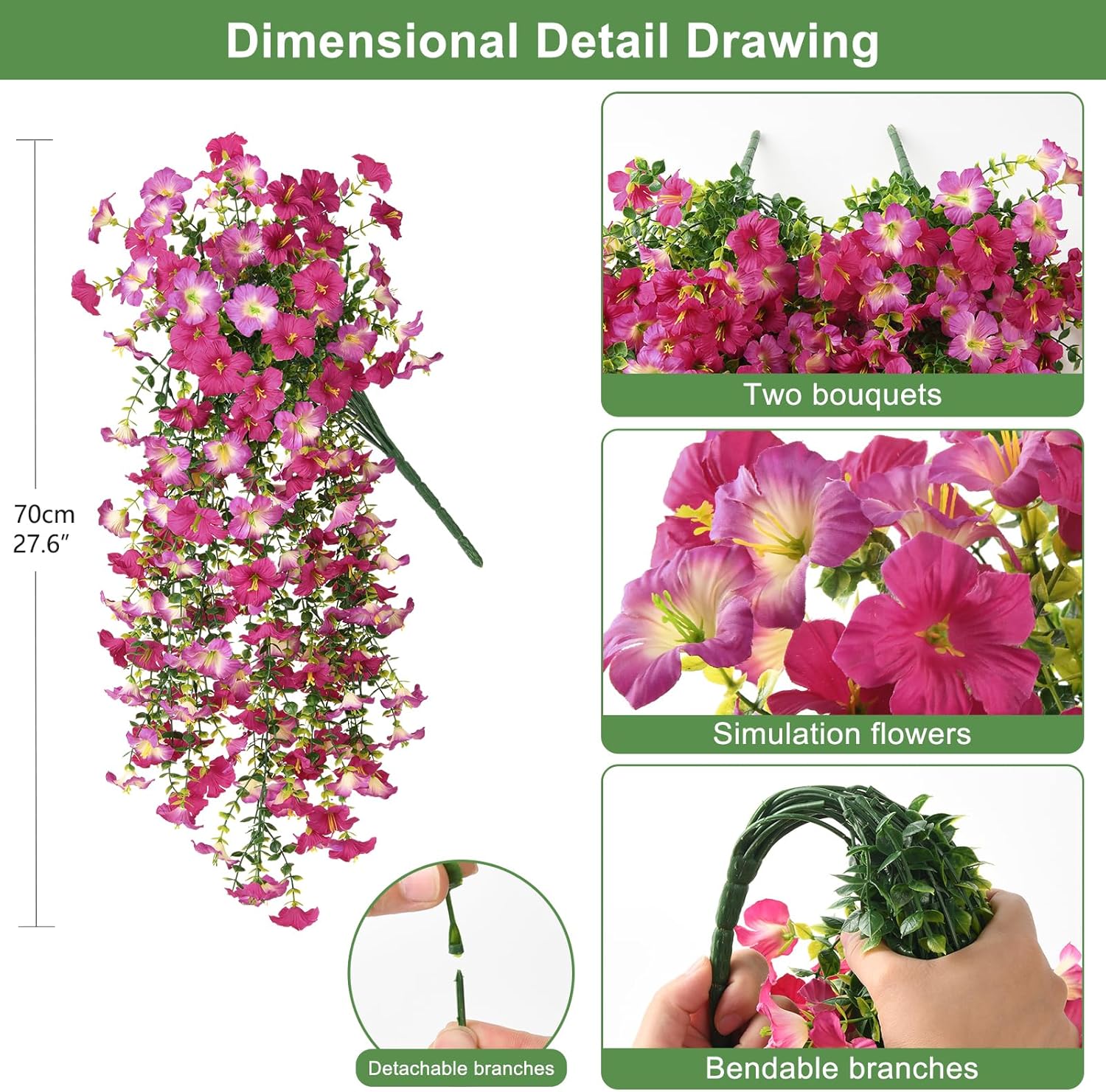 Artificial Fake Hanging Flowers Plants for Outdoor Spring Decoration,2 PCS Faux Silk Morning Glory with Eucalyptus Leaves,UV Resistant Realistic Trailing Vines — image 2
