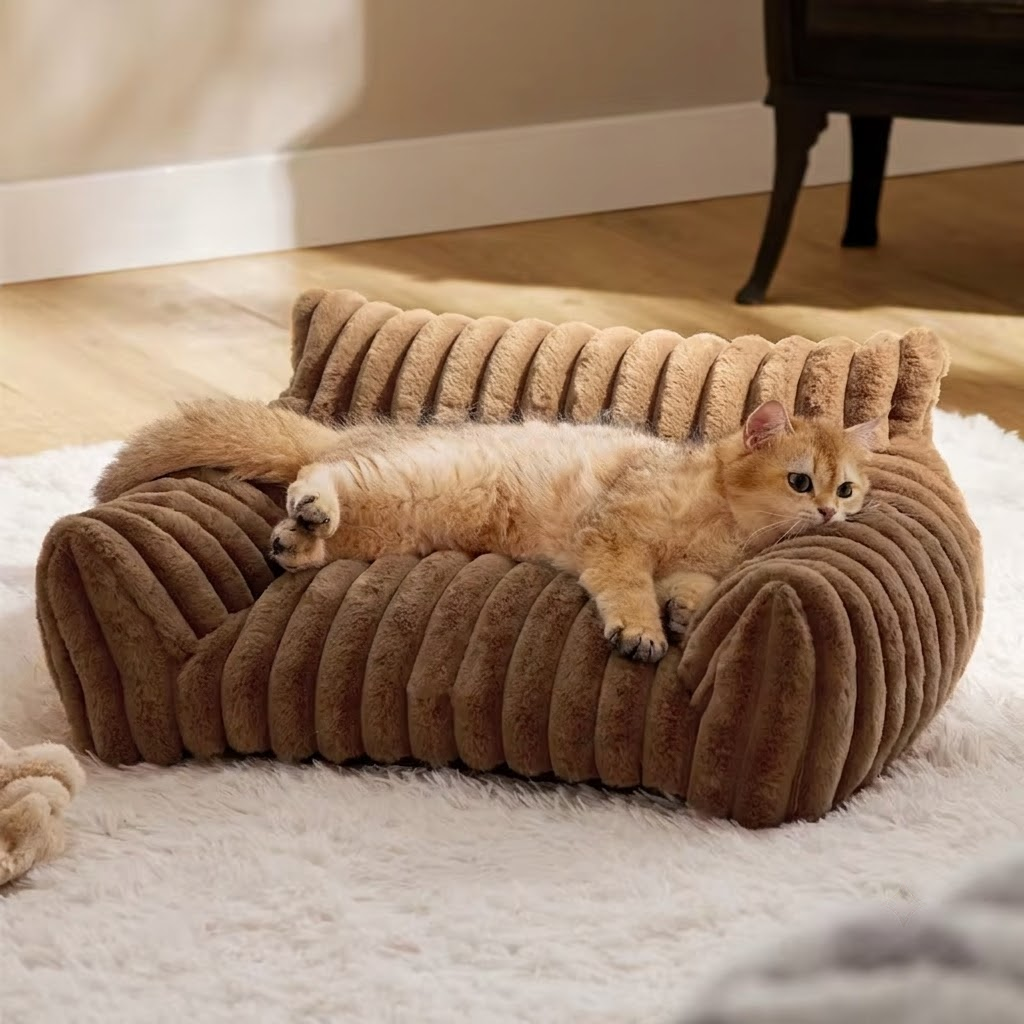 Luxurious Faux Rabbit Fur Plush Pet Sofa Bed with Bolster Sides, Removable Washable Cover and Deep Cushion for Cats and Small Dogs Seeking Ultimate