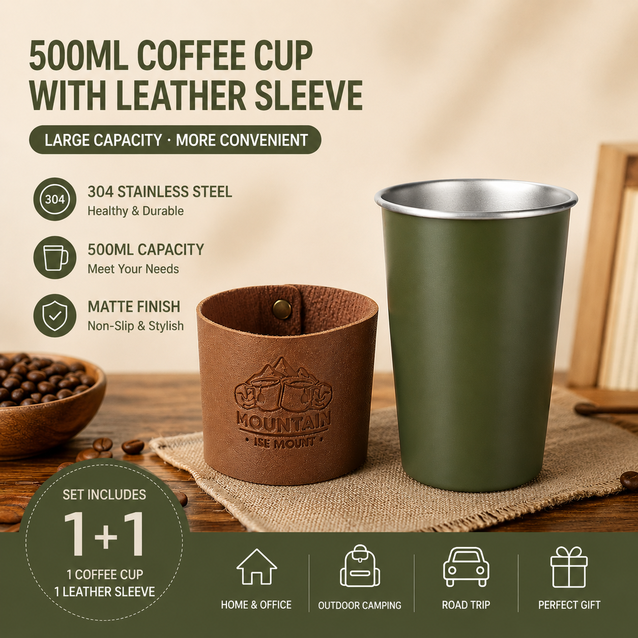 Green 304 Stainless Steel Camping Coffee Cup with Leather Sleeve โ 500ml Portable Outdoor Drinking Cup, Beer Cup, Travel Mug for Camping, Hiking, Picnic and