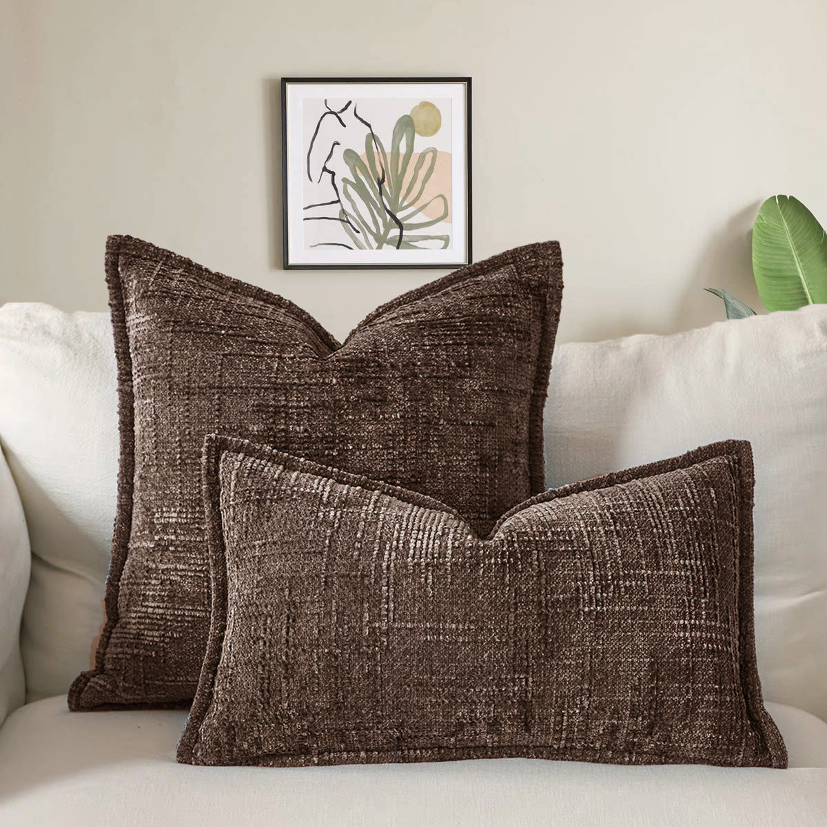 Coffee Chenille Crosshatch Textured Pillow Covers Set of 2 - Modern Minimalist Sofa Bed Cushion Covers 45 × 45cm & 30 × 50cm(without pillow core)
