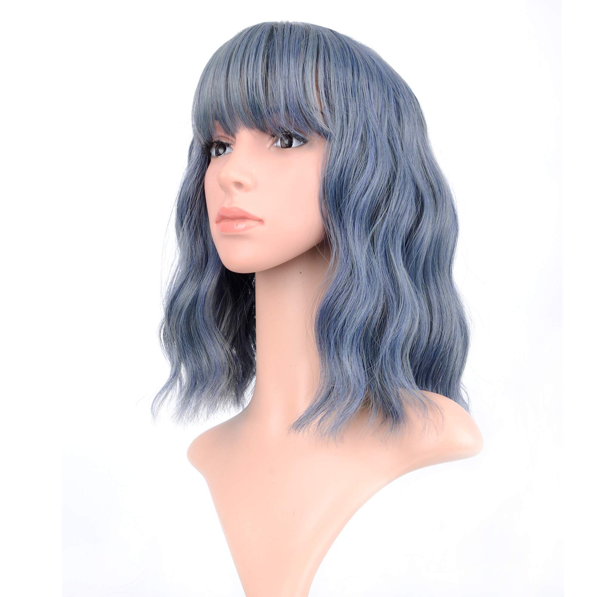 Short Shoulder Length Women's Short Wig Curly Wavy Synthetic Cosplay Wig Pastel for Girl Colorful Costume Wigs(14", Mix Blue) — image 2