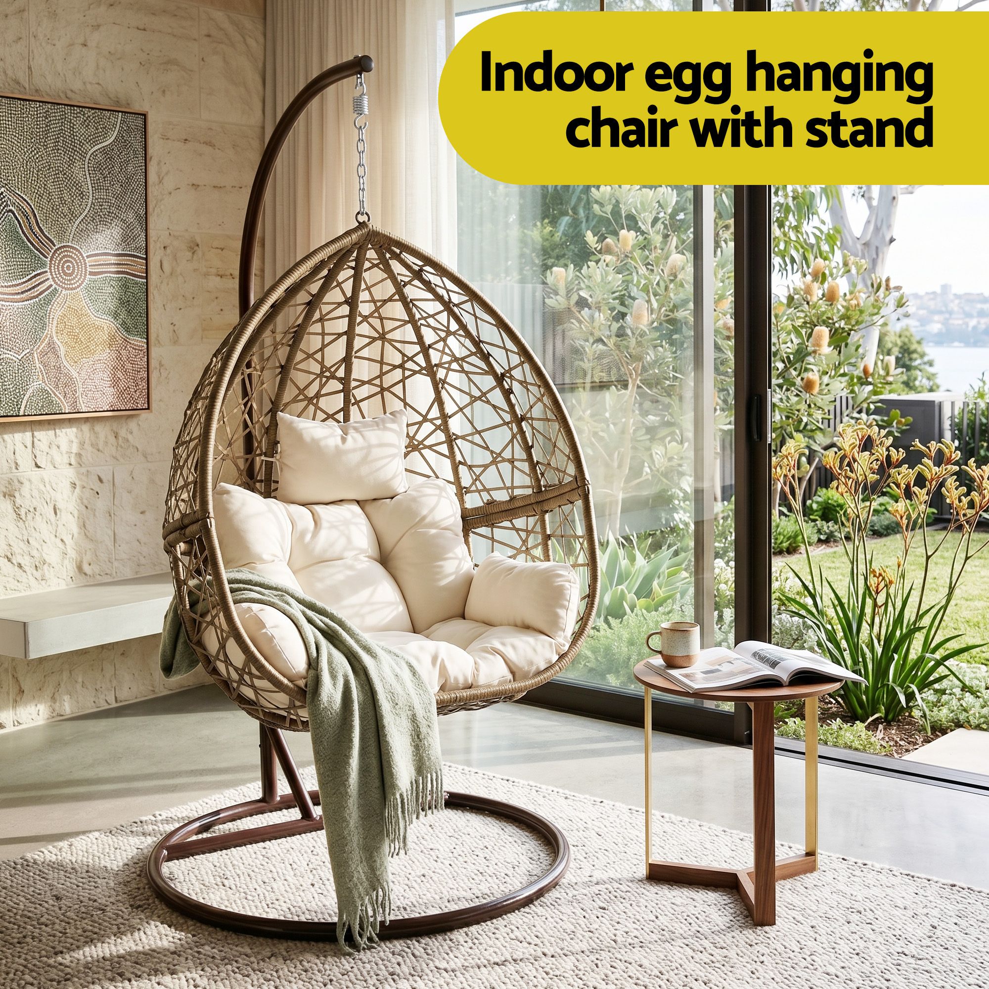 Gardeon Outdoor Egg Swing Chair Wicker Rattan Furniture Pod Stand Cushion Latte — image 4