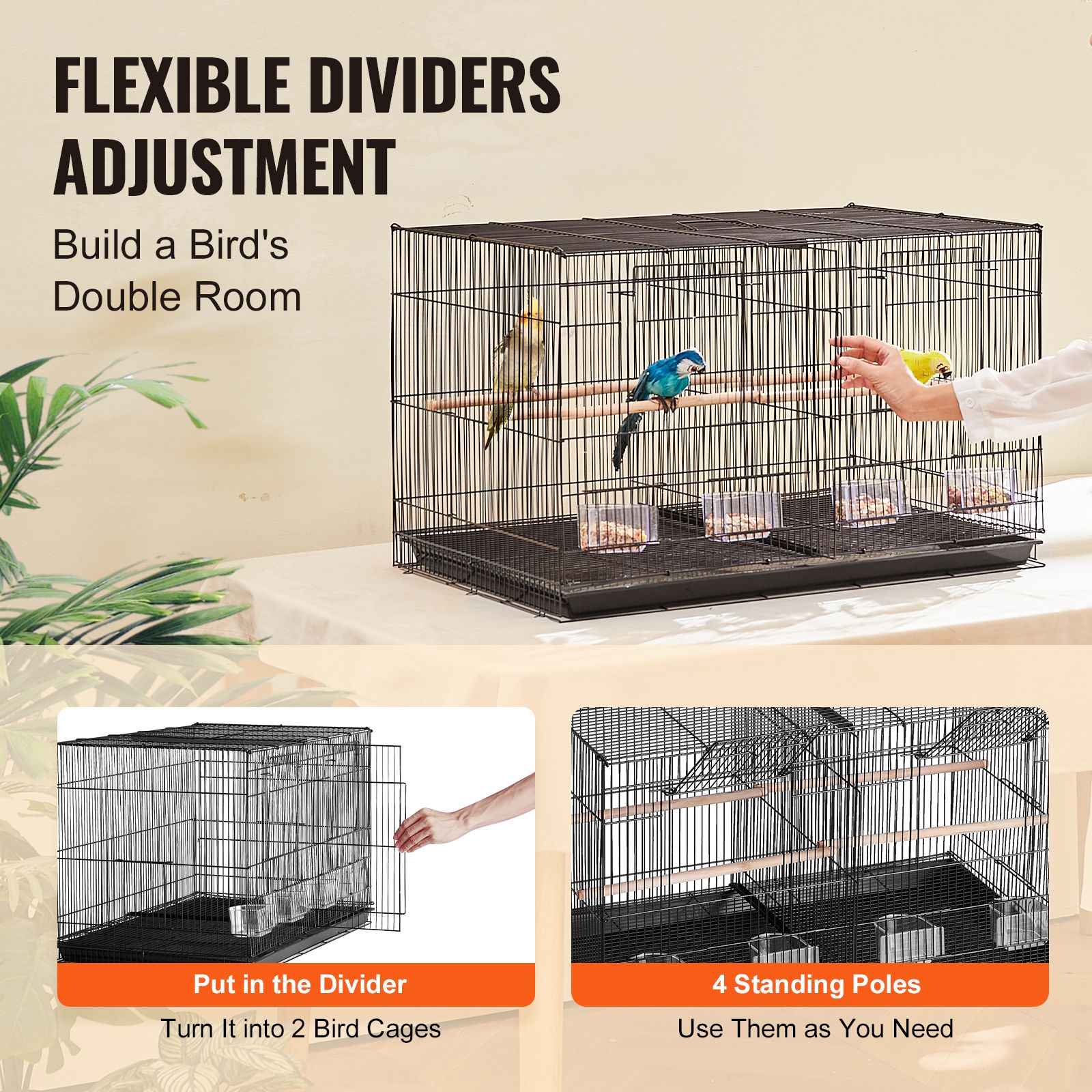 Bird Cage, 18 in, Small Parakeet Cage with Divider, Sturdy Metal Bird Flight Cage, Travel Birdcage with 5 Perches & 4 Feeding Cups, Parrot Cage for Canaries — image 3