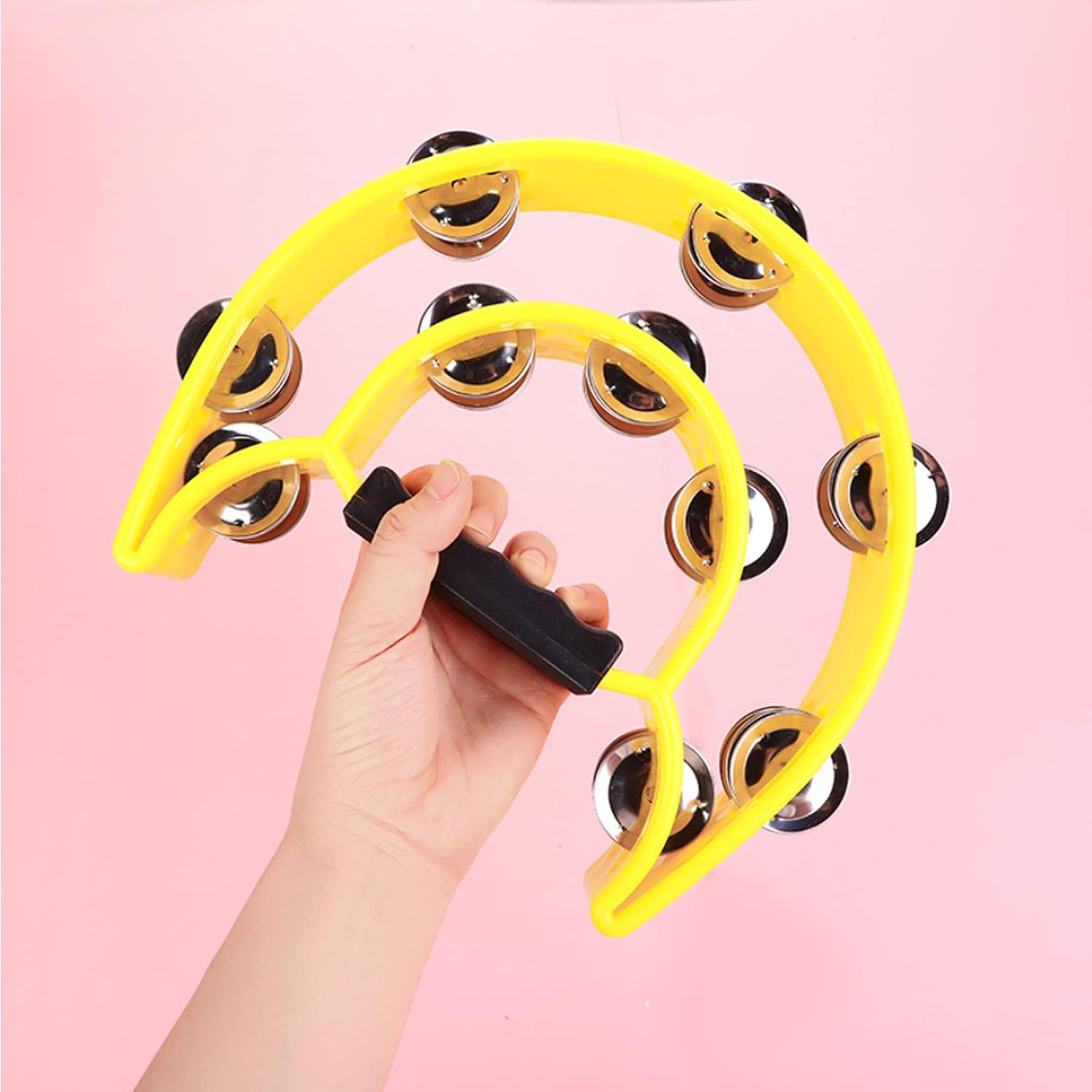 Double Row Tambourine, Half-Moon Musical Tambourine Hand Held for Kids, Adults, Party, KTV 4 colors (9 inch, Pack of 4) — image 3
