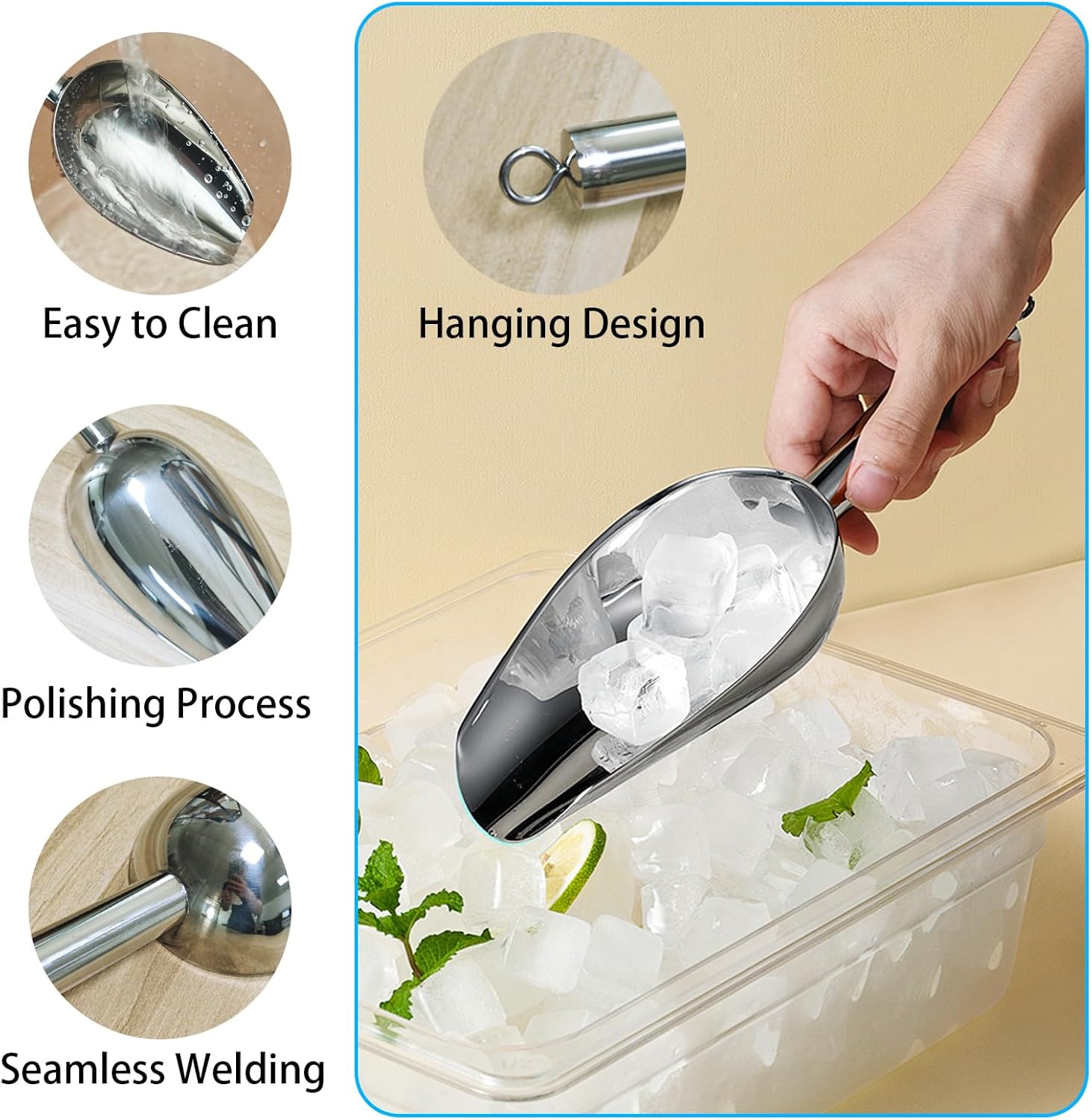 6oz Metal Ice Scoop, Kitchen Ice Scooper for Ice Maker s and Freezer, Stainless Steel Small Ice Scooper for Bar Party Wedding Pet Dog Food, Silver โ image 3