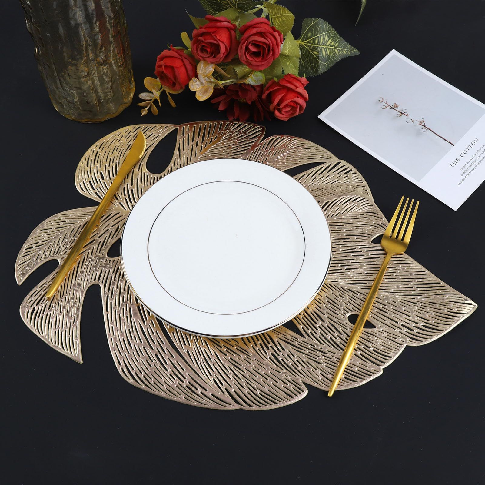 Placemats Set of 6, Hollowed-Out Leaf Place Mats for Dining Table Pressed Vinyl Table Mats for Holiday Party Wedding (Garden Gold) — image 3