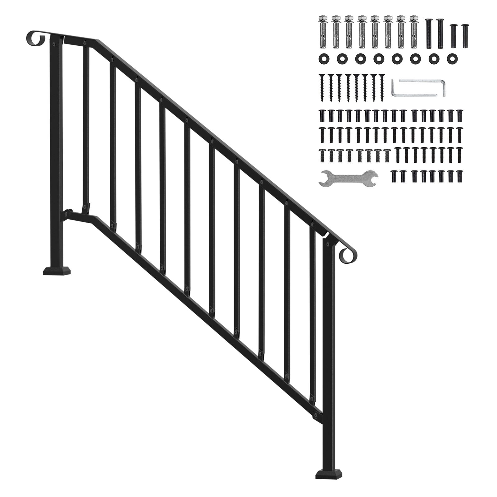 Handrails for Outdoor Steps, 5 Step Stair Hand Rail Kit, Transitional Carbon Steel Railings with Installation Kit, Stair Rails for Seniors, Concrete Steps &