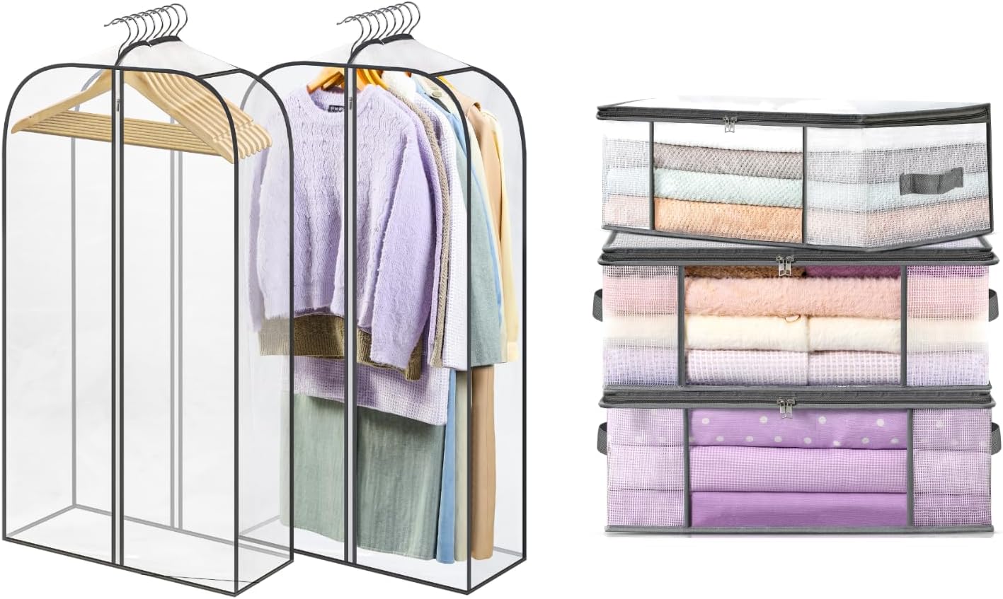 3-Pack Clothes Storage Bags-35L, 2 Pack Clear Garment Bags-40'' Long