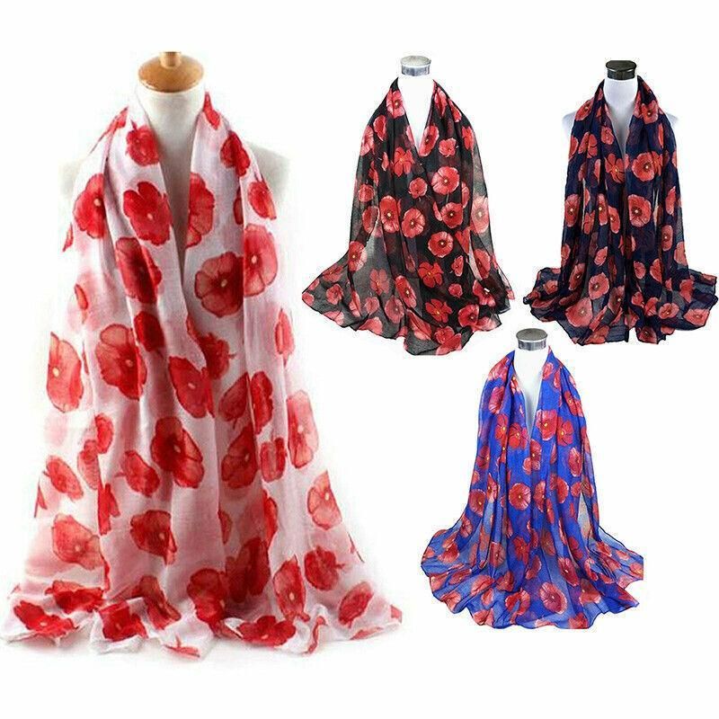 Women Ladies Poppy Print Floral Scarf Remembrance Day Poppies Scarves Wrap Shawl — image 3