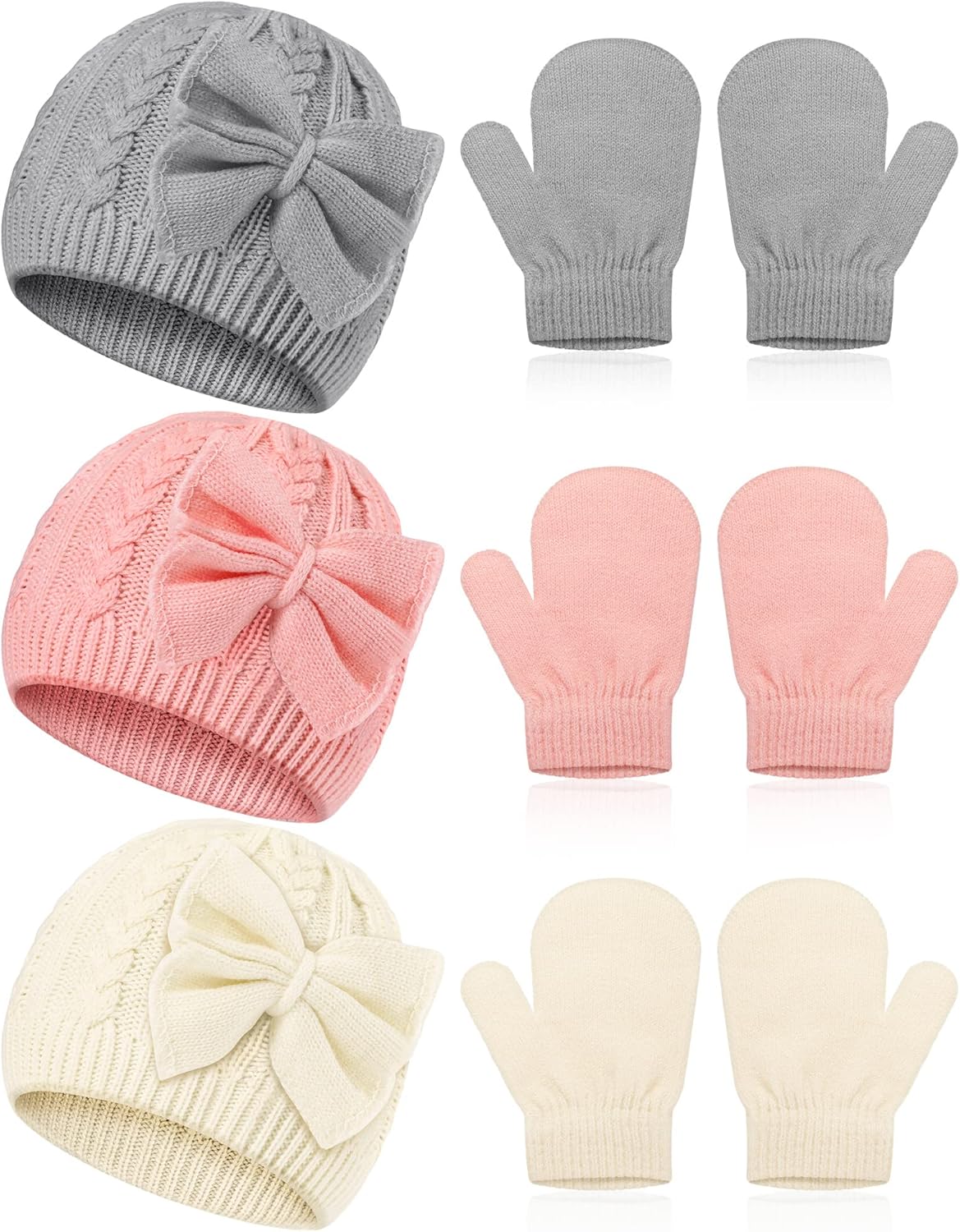 3 Set Toddler Hat Glove Set, Kids Winter Hats Warm Knitted Beanie Mittens Gloves with Bow for Baby Girls Boys 0-6Y