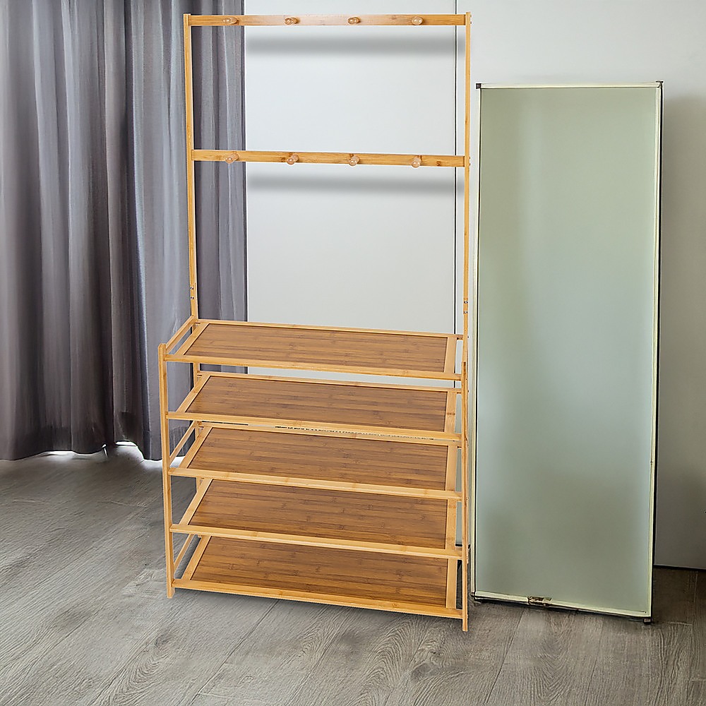 Large Wooden 5 Tiers Hat Coat Stand Clothes Shoe Rack Hanger Hooks Shelf Storage โ image 5