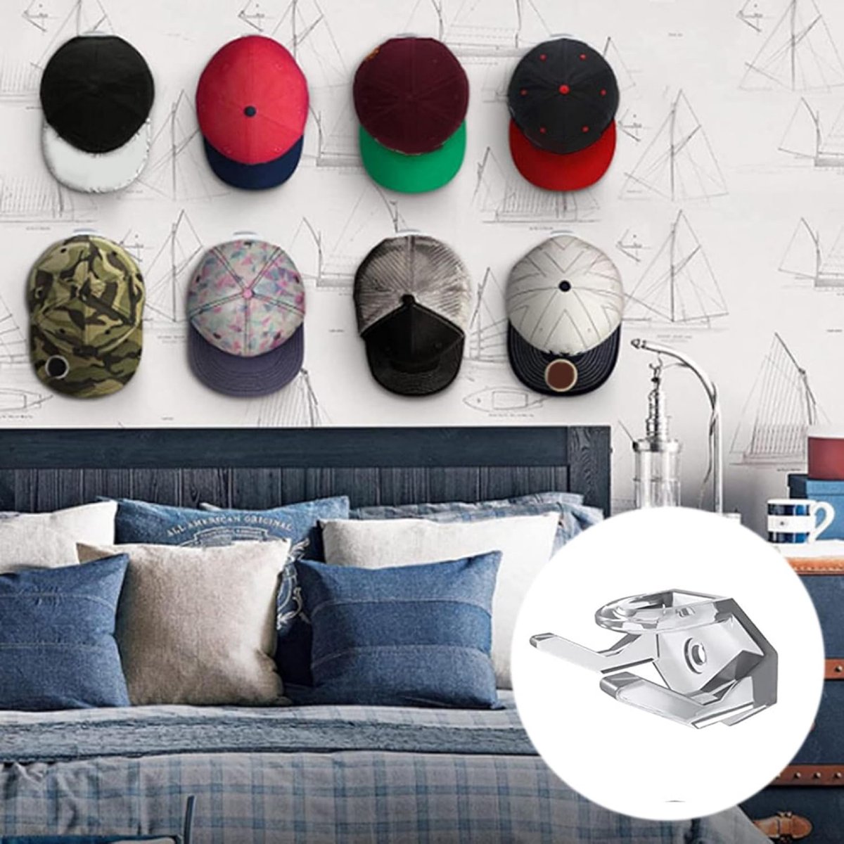 Cap Rack Set of 8 - Wall Cap Holders - Cap Hooks - With Screws and Tape - Two Installation Methods - Cap Rack Coat Rack - Cap Rack Storage System - Cap Storage — image 3