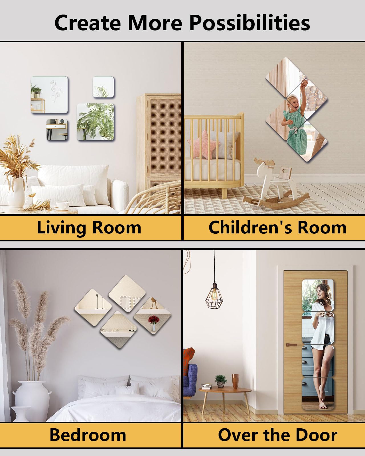 Shatterproof Acrylic Mirror Tiles – 4-Pack Wall Stickers for Kids, Home Gym, Bedroom & Bathroom, Easy Peel-and-Stick Decorative Mirrors with — image 4