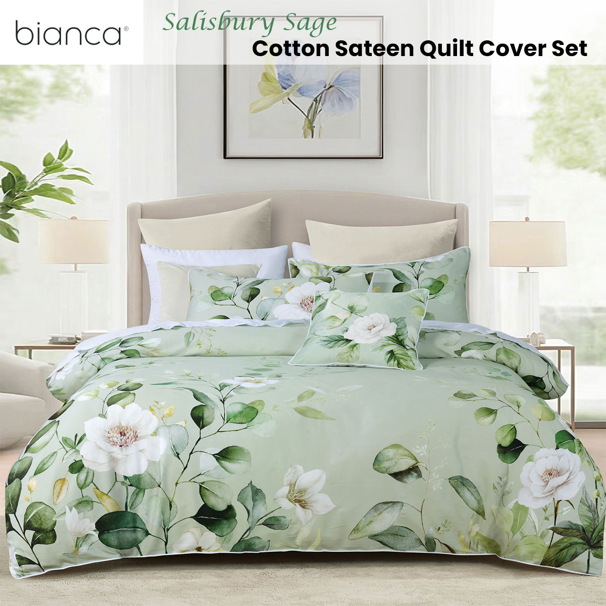 Bianca Salisbury Sage Floral Cotton Sateen Quilt Cover Set Queen โ image 2