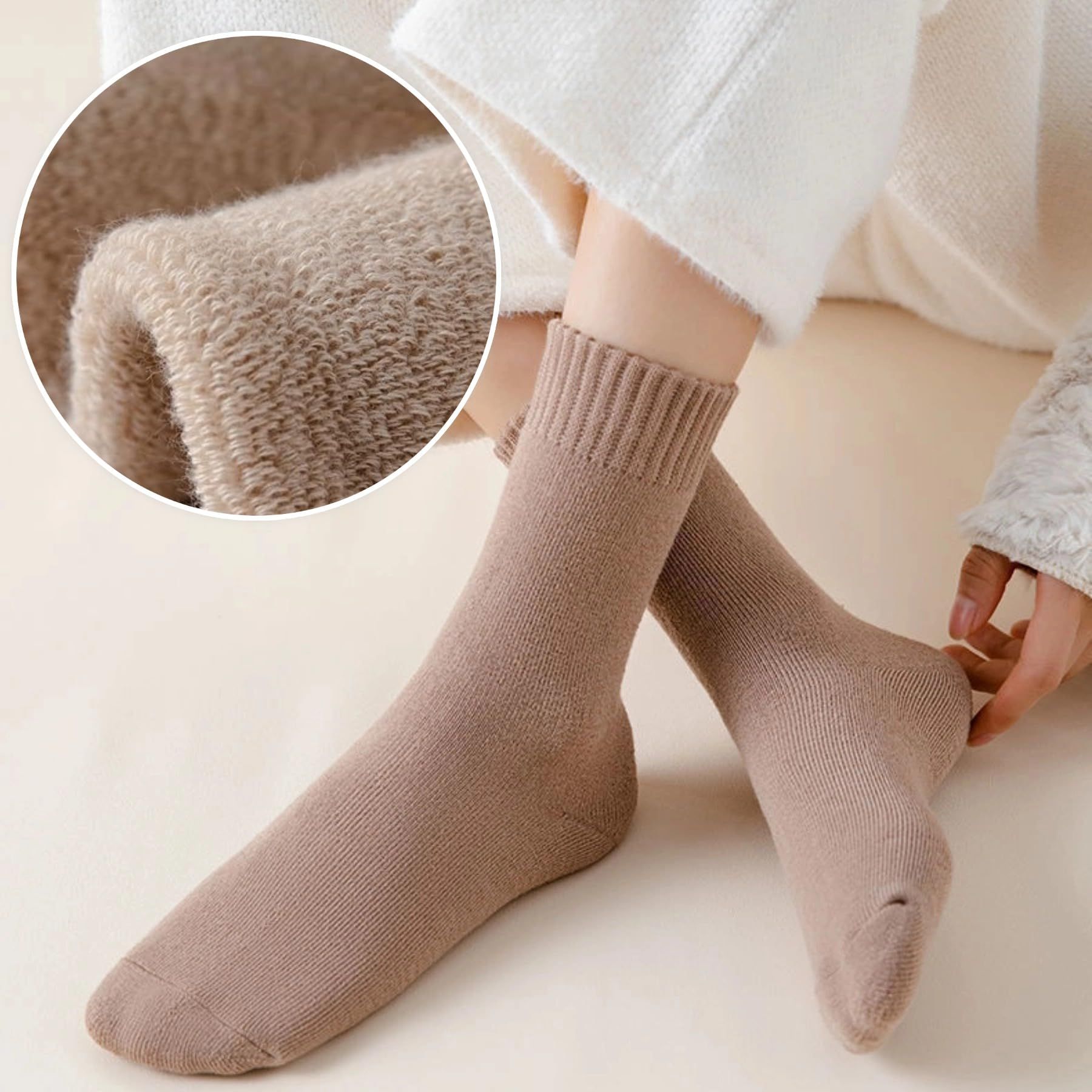 5 Pairs oatmeal colore Thermal Mid-Calf Socks - Thick Fleece Lined Winter Socks, Heat Retention Cotton Socks for Men & Women, Cold Weather Cozy Wear — image 4