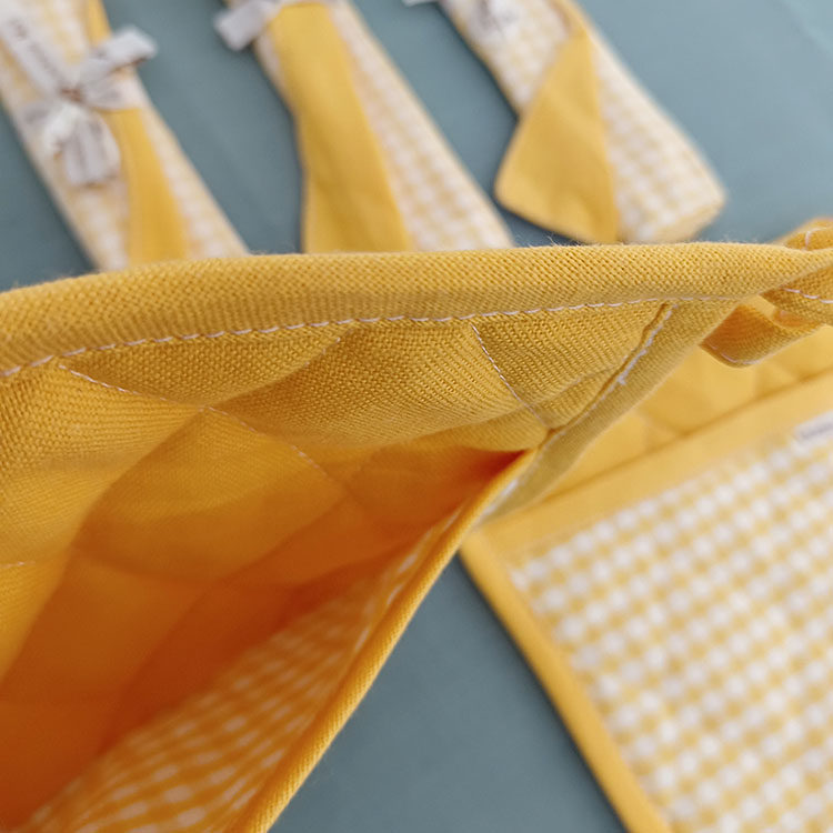 3-Piece Yellow Gingham Cotton Kitchen Linen Set - Reversible Placemat, Fringed Napkin & Quilted Pot Holder - Yarn Dyed Checkered Dining Bundle — image 5