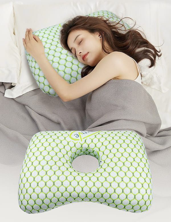 Green Ergonomic Ear Pillow with Hole for Side Sleepers, Ear Pain Relief Cushion, Washable Cover for Piercing & CNH — image 2