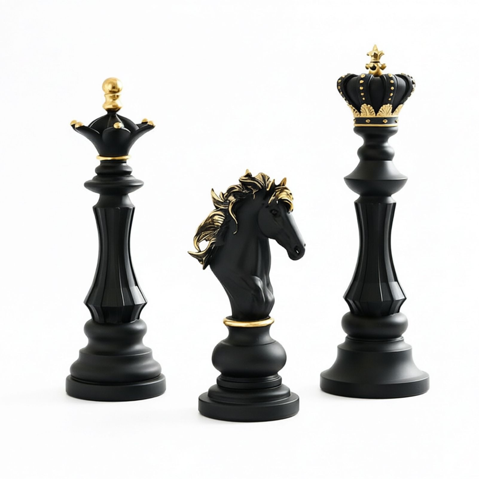 Luxury Resin Chess Piece Statues Set of 3 - King, Queen & Knight Horse Head Sculptures with Gold Trim - Classic Strategy Game Art Decor for Living Room, Study