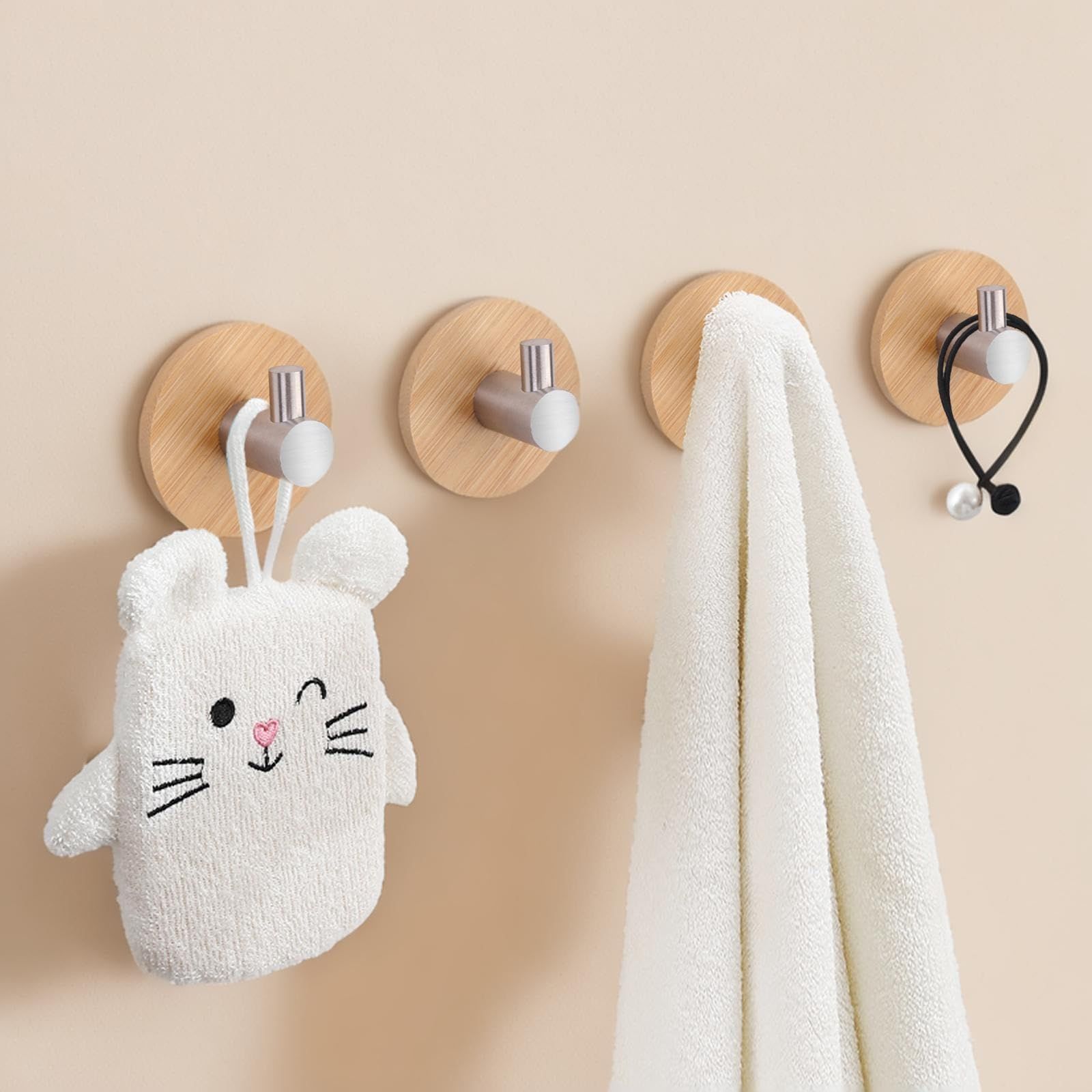 Wood Wall Hooks Adhesive, Coat Hooks for Hanging Towel Hangers for Bathroom Key Hat Hooks 4-Pack (Wood, Silver Hooks)
