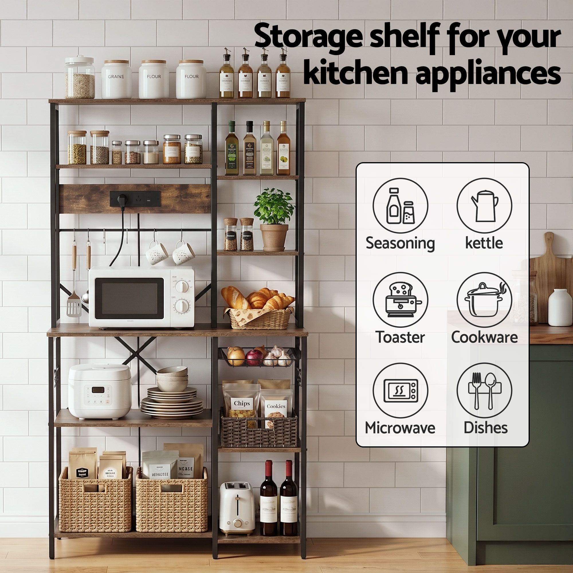 Artiss Kitchen Rack with Power Outlets Hooks 96CMX170CM Microwave Storage Shelf — image 5