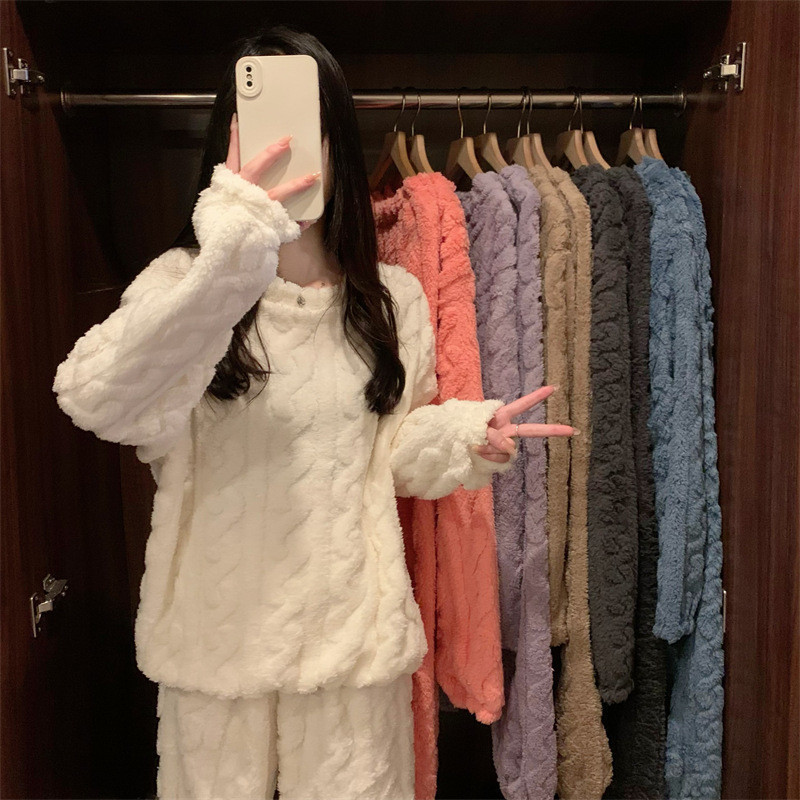Khaki Coral Fleece Jacquard Thermal Pajama Set — Autumn/Winter Fleece-Lined, Thickened, Casual Loungewear — image 2