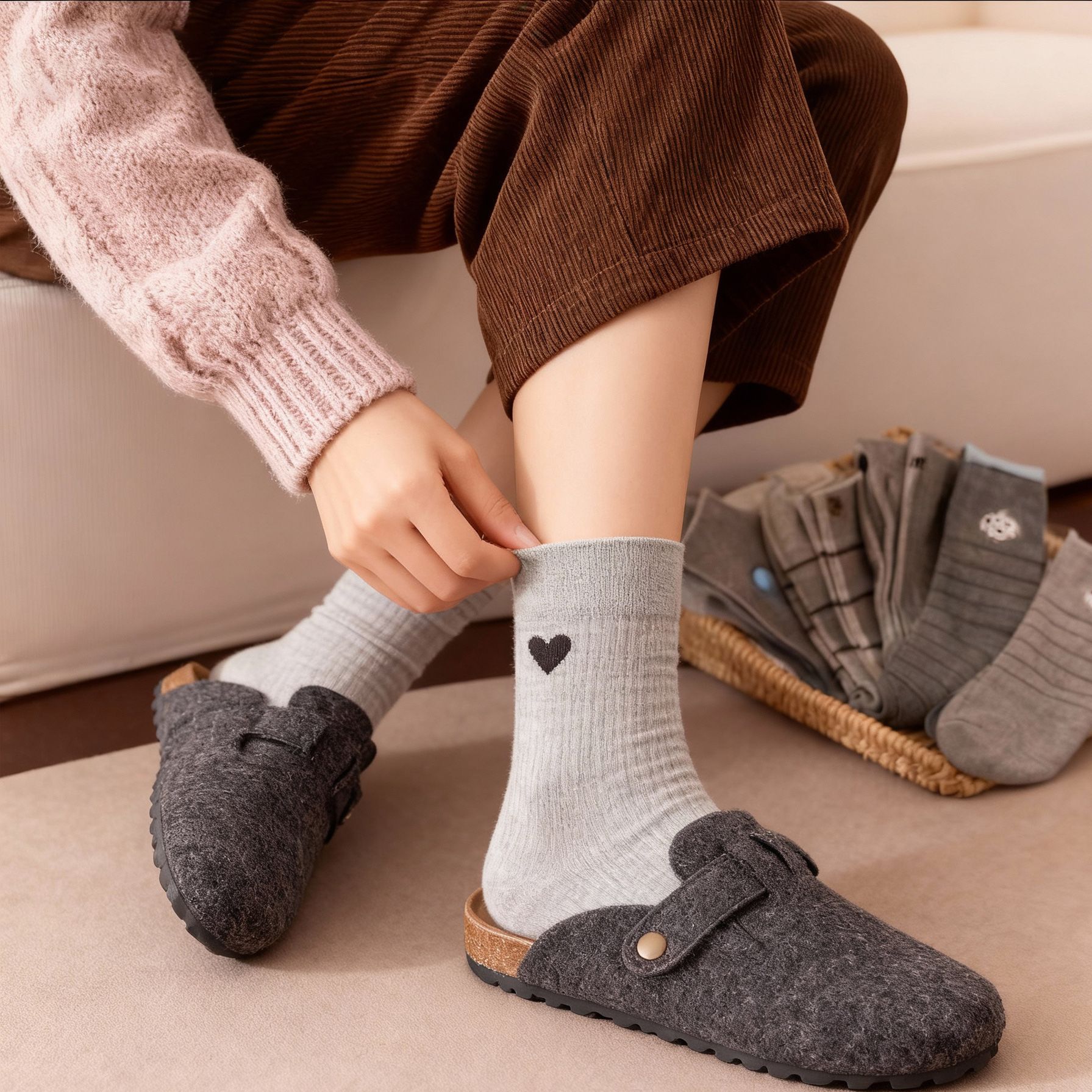 Unisex Grey Mid-Calf Socks, Preppy Collegiate Style with Stripes, Hearts and Button Details, 3 Pairs โ image 4