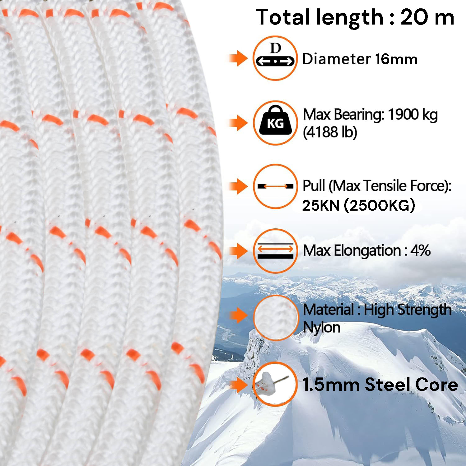 16mm 20m Safety Climbing Rope Nylon Rock Static Outdoor Boat Anchor Marine Rope Dock Lines Rope — image 3