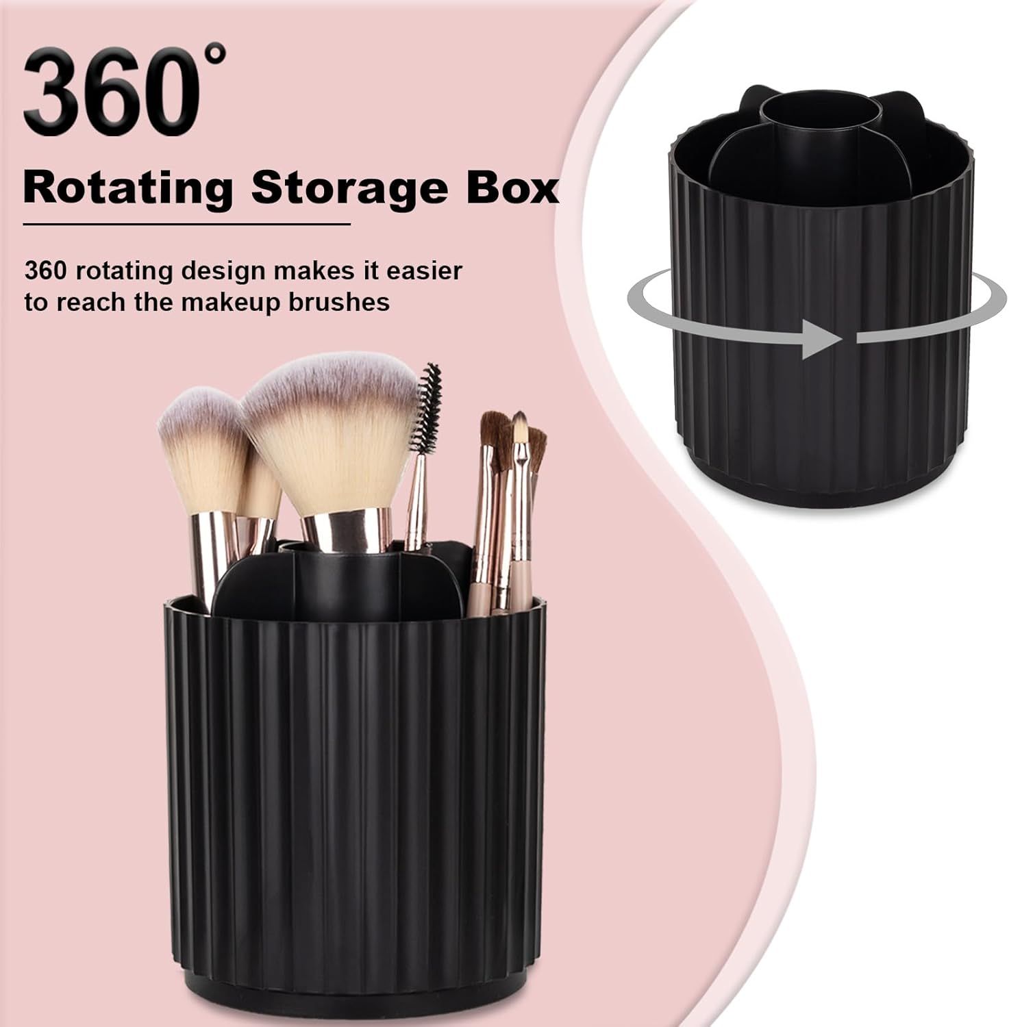 Makeup Brush Holder Organizer 360°Rotating Make Up Brushes Container for Vanity, Spinning Cosmetics Storage Cup, Stripe Black — image 3