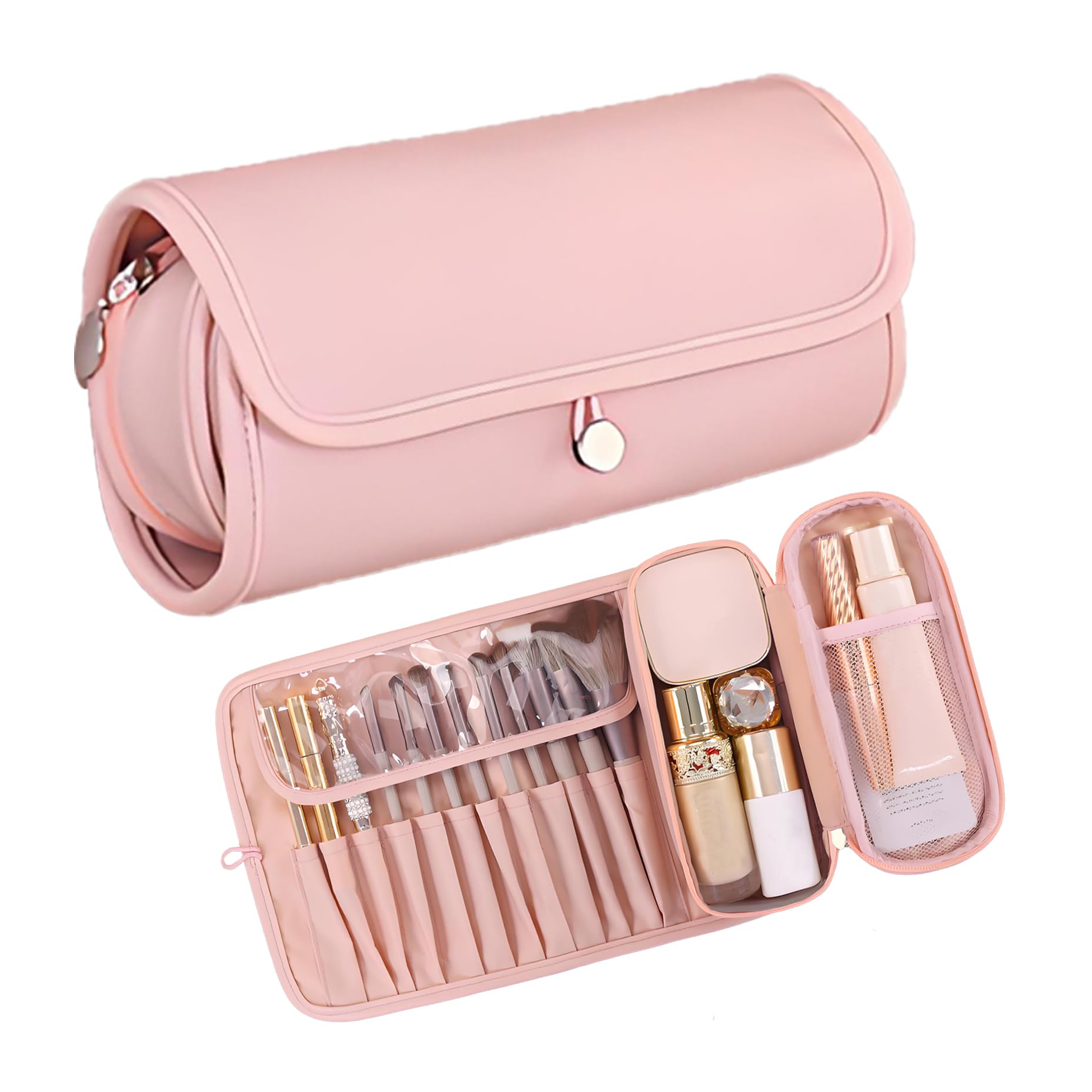 Foldable Toiletry Bag, Water-Resistant PU Leather Cosmetic Organiser with Zipped Compartments for Makeup, Skincare and Travel, Black