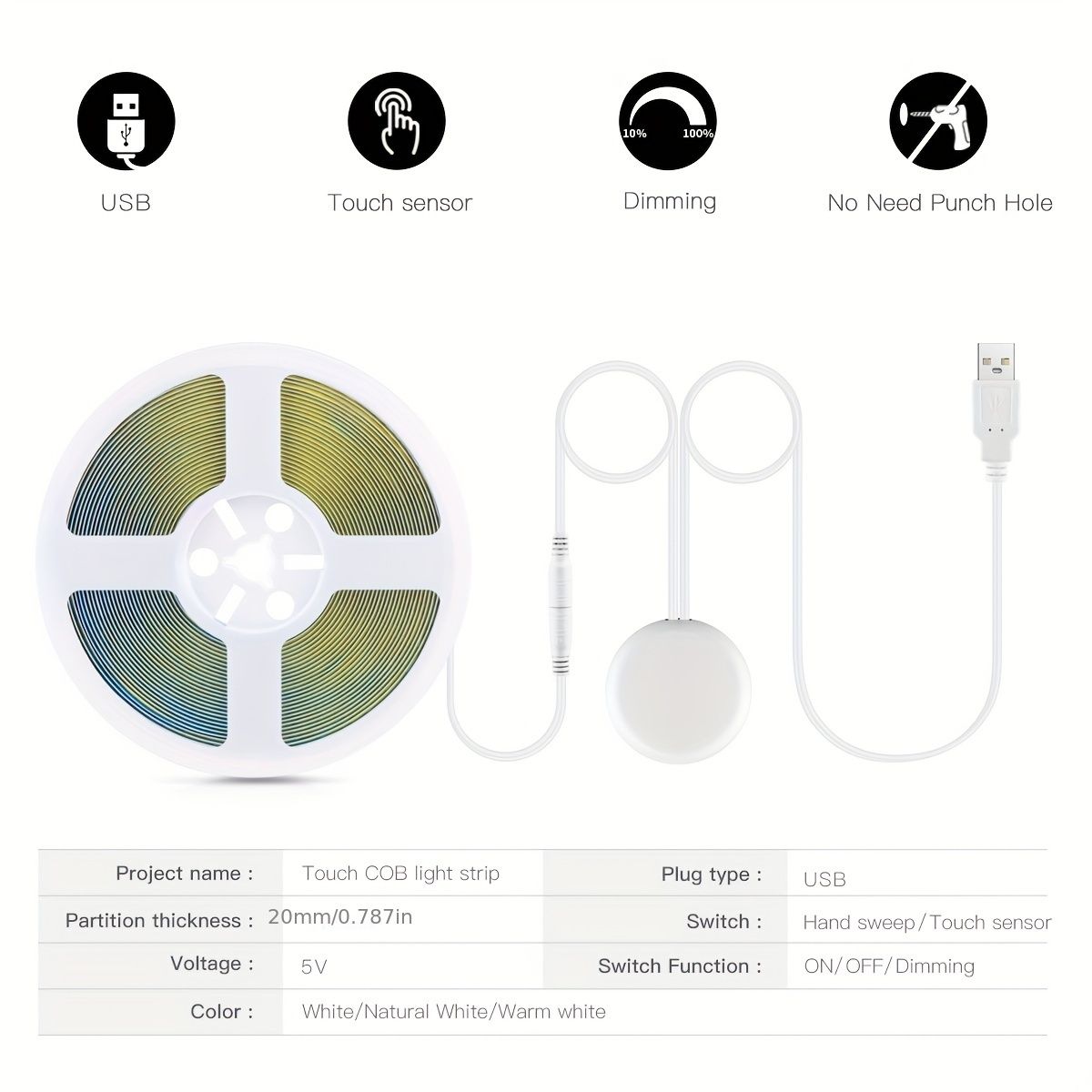 5V COB LED Strip Light with Hand-Sweep Motion Sensor And Touch Dimming Switch, Ideal for Bedroom And Kitchen Illumination 2 Meters Natural White — image 4