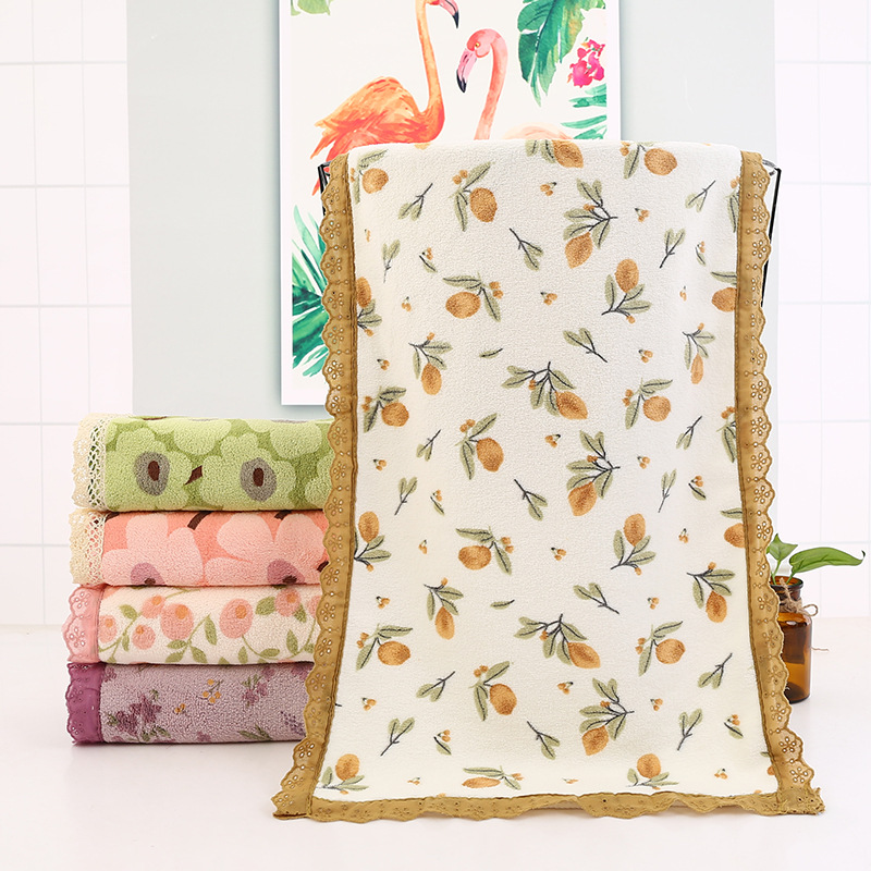 Beige Vintage Floral Lace Trim Towel Set - Ultra Soft Absorbent Coral Fleece Bath & Face Towel — image 4
