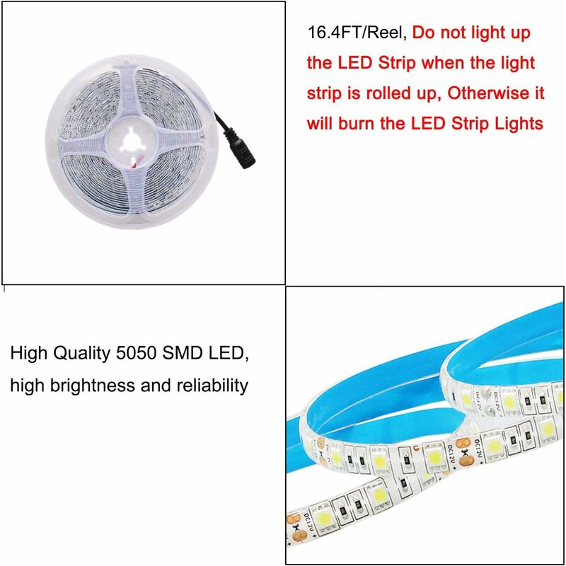 12V LED Strip Light Cool White 6500K, 5 Meters Flexible 300 LEDs 5050 Smd Ip65 Waterproof LED Strip [Energy Class A] — image 4