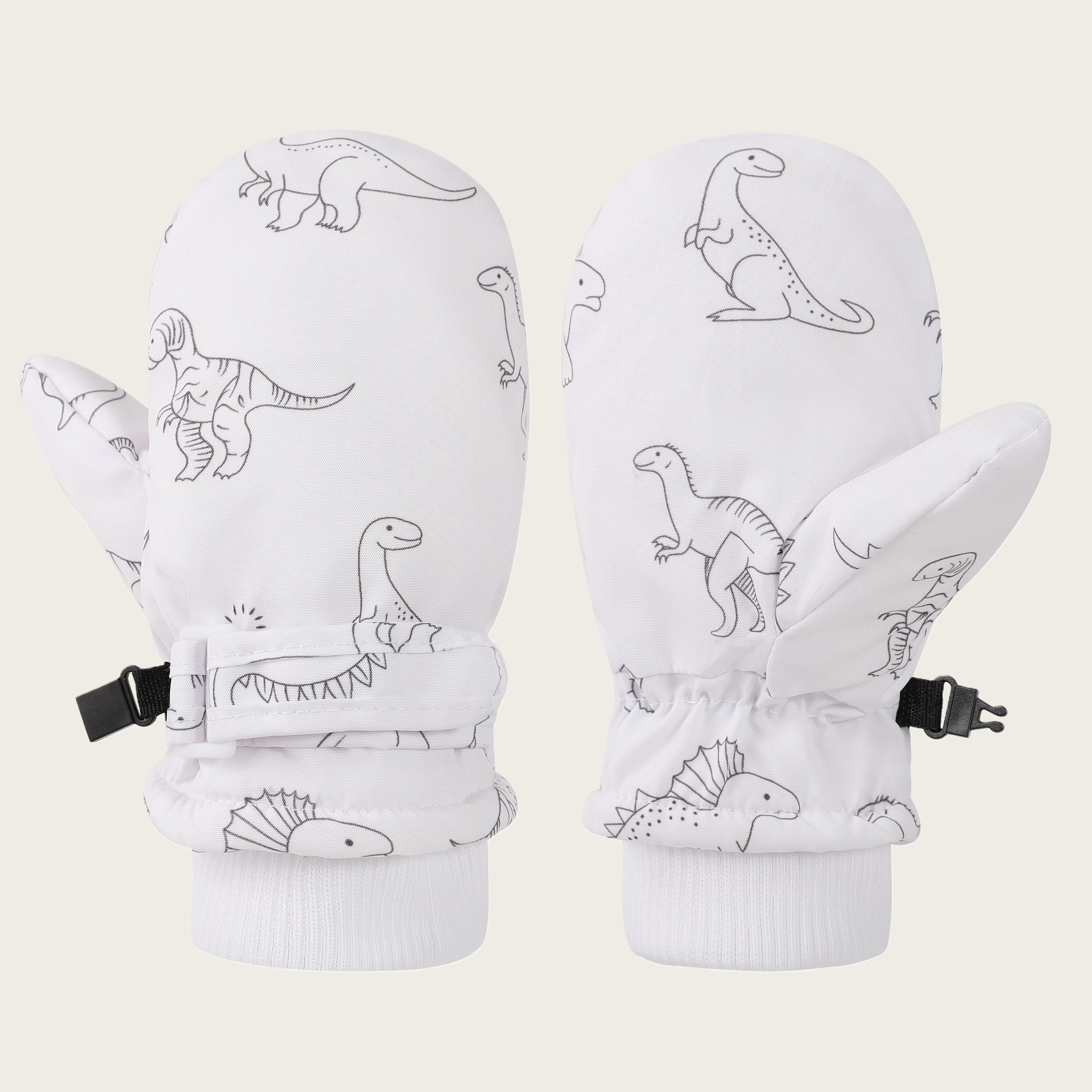 Kids' Dinosaur Patterned Warm Ski Mittens with Waterproof Shell, Adjustable Wrist Straps, and Anti-Loss Clip for Winter Outdoor Play, Snow, and Cold