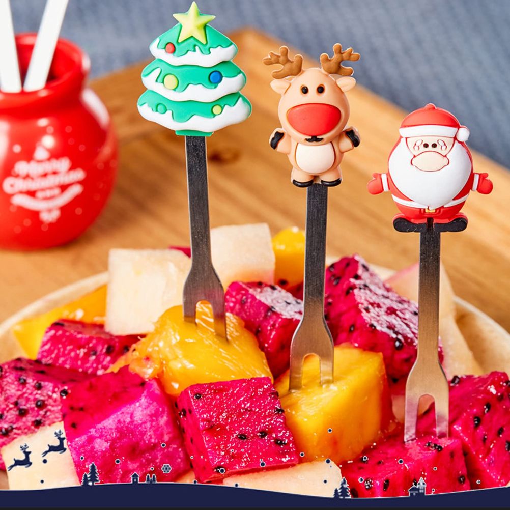 Christmas Silicone Fruit Fork Salad Fork Stainless Steel Children s Food Fork with Ceramic Cup Holder Reusable Fruit Fork Christmas Gift โ image 2