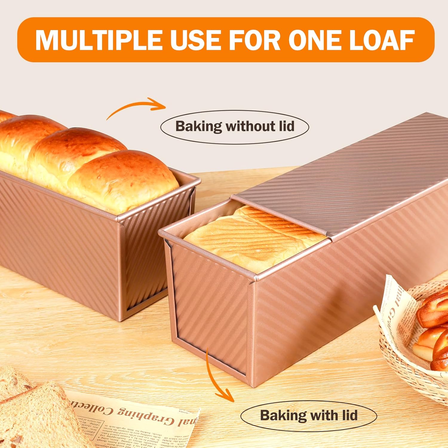 Pullman Loaf Pan with Lid, 13x4 inch, Premium 2.2LB Nonstick Sandwich Bread Loaf Pan for Homemade Sourdough Bread, Heavy Duty Carbon Steel Corrugated Toast Box — image 5