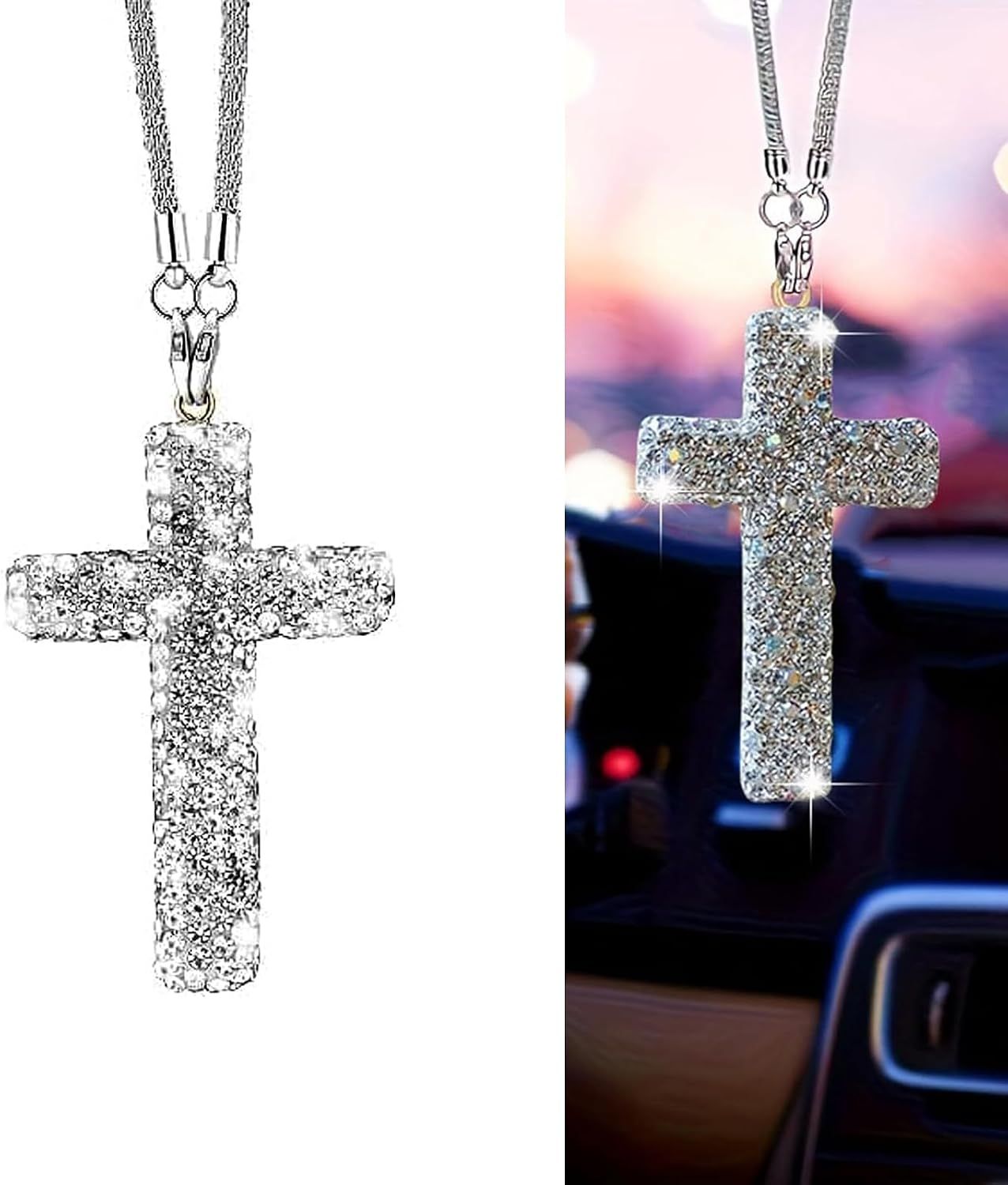 Car Hanging Ornament, Bling Cross Faith Pendant, Rhinestones-Embedded Rust-Proof Hip Hop Rearview Mirror Decoration Charm, Universal Personality Interior