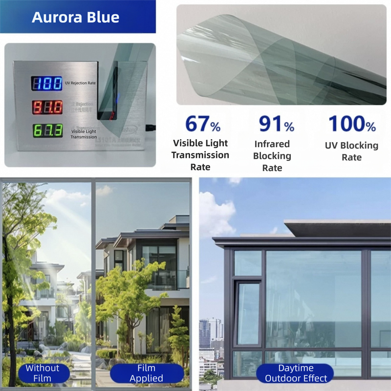 Premium 6-Layer Aurora Blue Window Film for Home/Office β Reflective One-Way Privacy, 50cm x 2m One Roll, UPF 50+ UV Block,With Full Install Tools