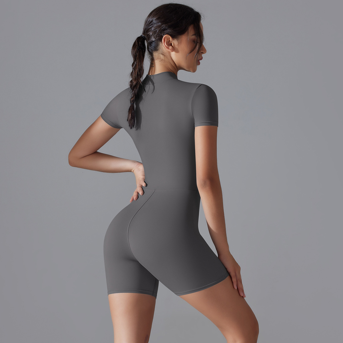 Dark Grey Size S Women's Summer Zip-Up Bodysuit - Short Sleeve, High Stretch Yoga & Dance Outfit, Breathable Fitness Wear โ image 5