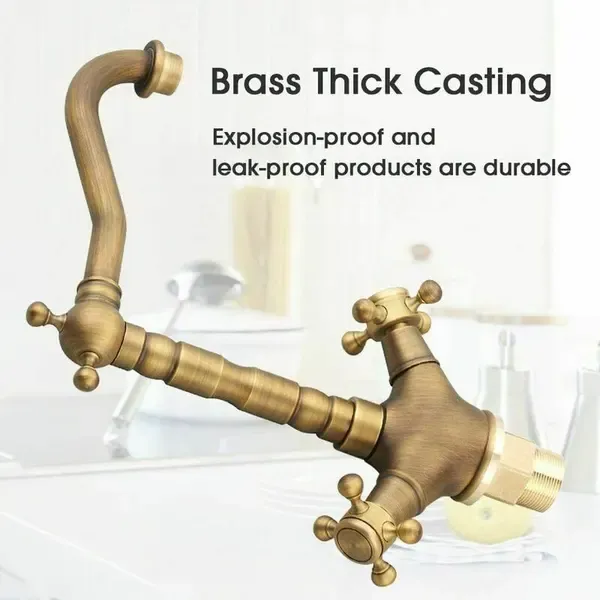 360 Degree Rotation Rotatable Faucet Double Brass Basin Faucet Brushed Kitchen Sink Soft Close Vintage Tap for Hot and Cold, Antique Copper Finish — image 4