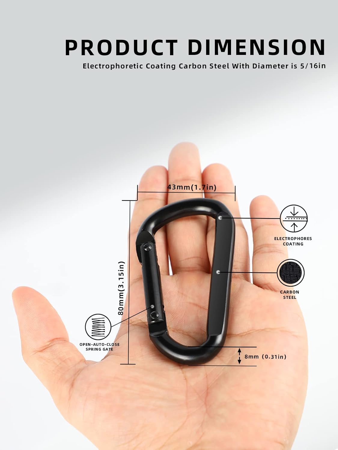 2 Pack Aluminum Black D-Shaped Carabiner 8cm - Camping Outdoor Keychain Clip for Backpack Keys — image 4