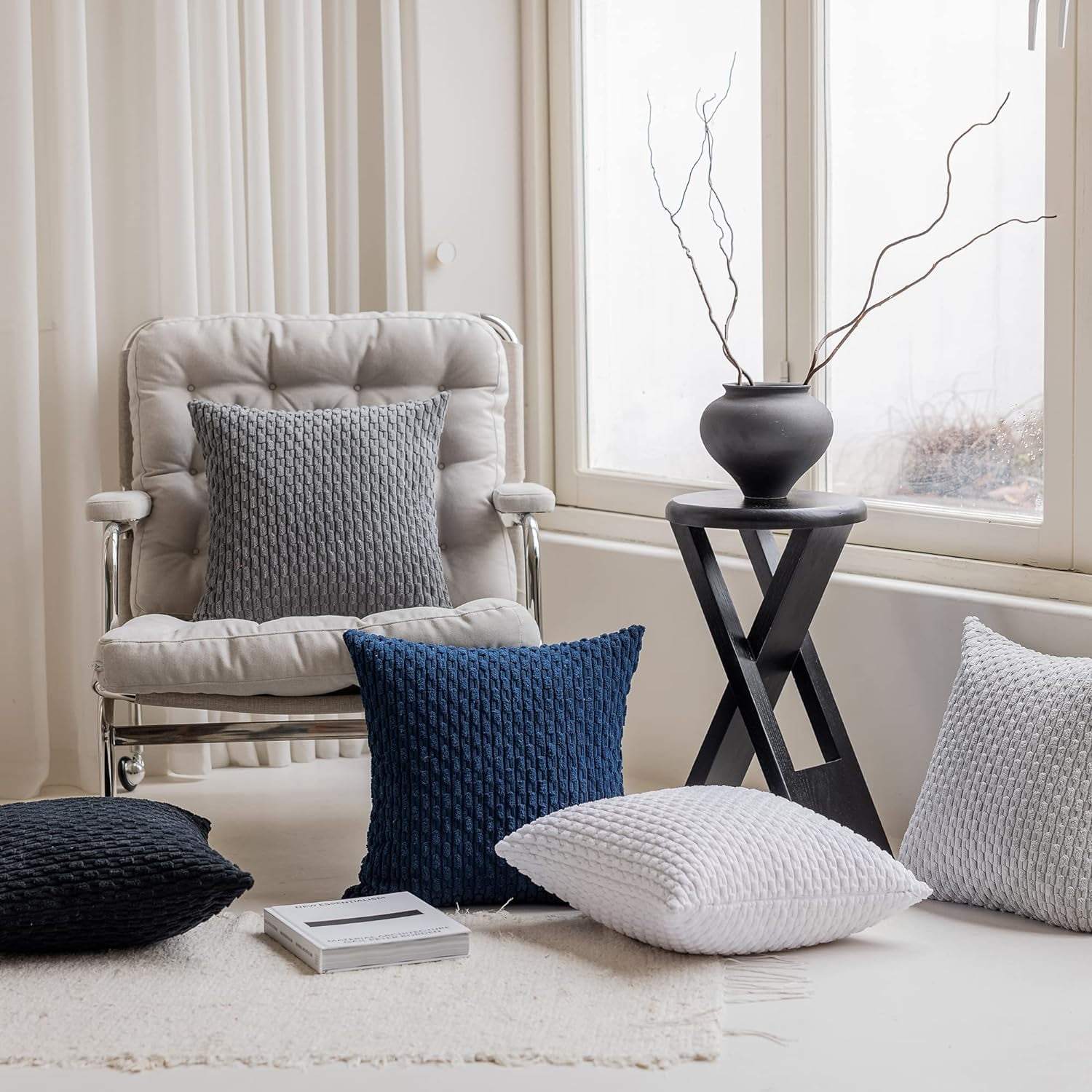 2 Pack Striped Velvet Corduroy Pillow Covers, Decorative Throw Cushion Cases for Couch, Sofa and Bed, 22 x 22-Inch, Light Grey โ image 5