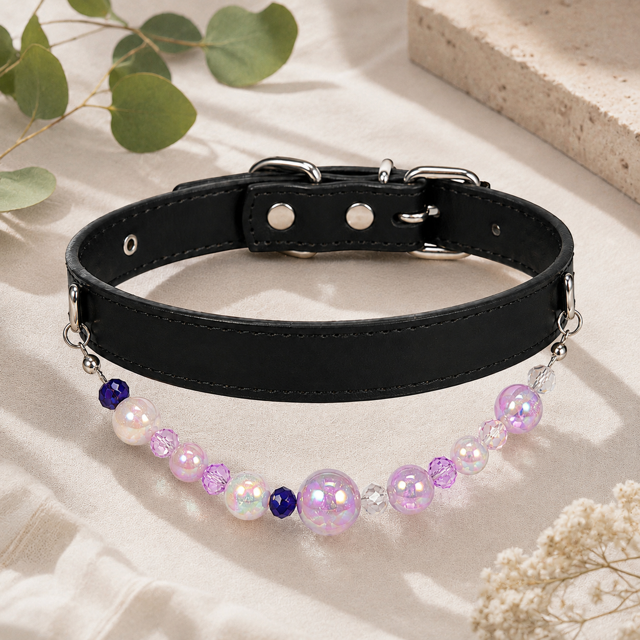 Detachable Beaded Dog Collar - Black Microfiber PU Leather, Zinc Alloy Hardware, Adjustable L Size 28-36cm Neck, 2cm Wide Decorative Pet Collar for Dog — image 2