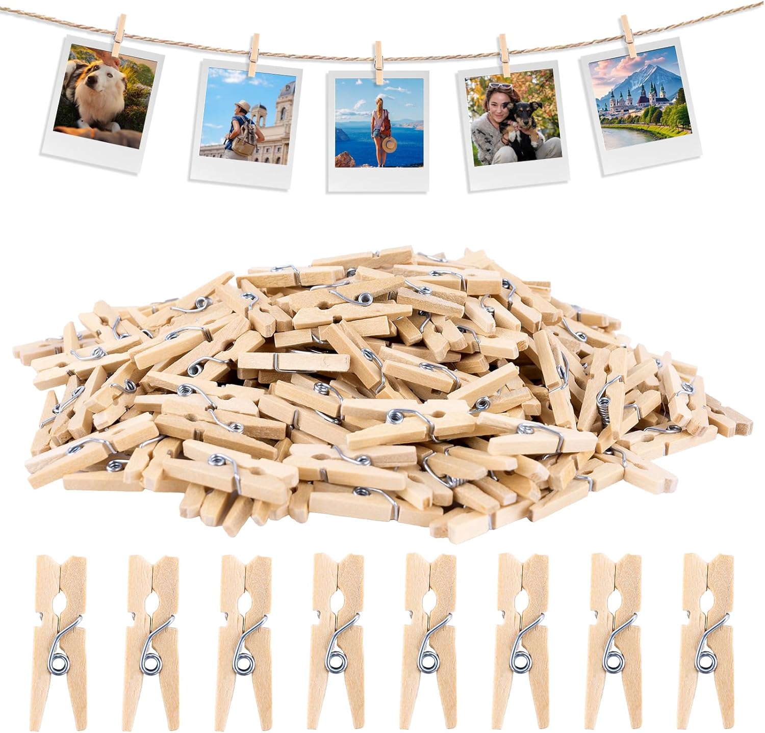 Mini Clothespins for Photo - 200 Pcs 1 Inch Small Natural Wooden Clothes Pins for Crafts with 33 FT Jute Twine Mini Photo Clips for Photos Display Cocktail