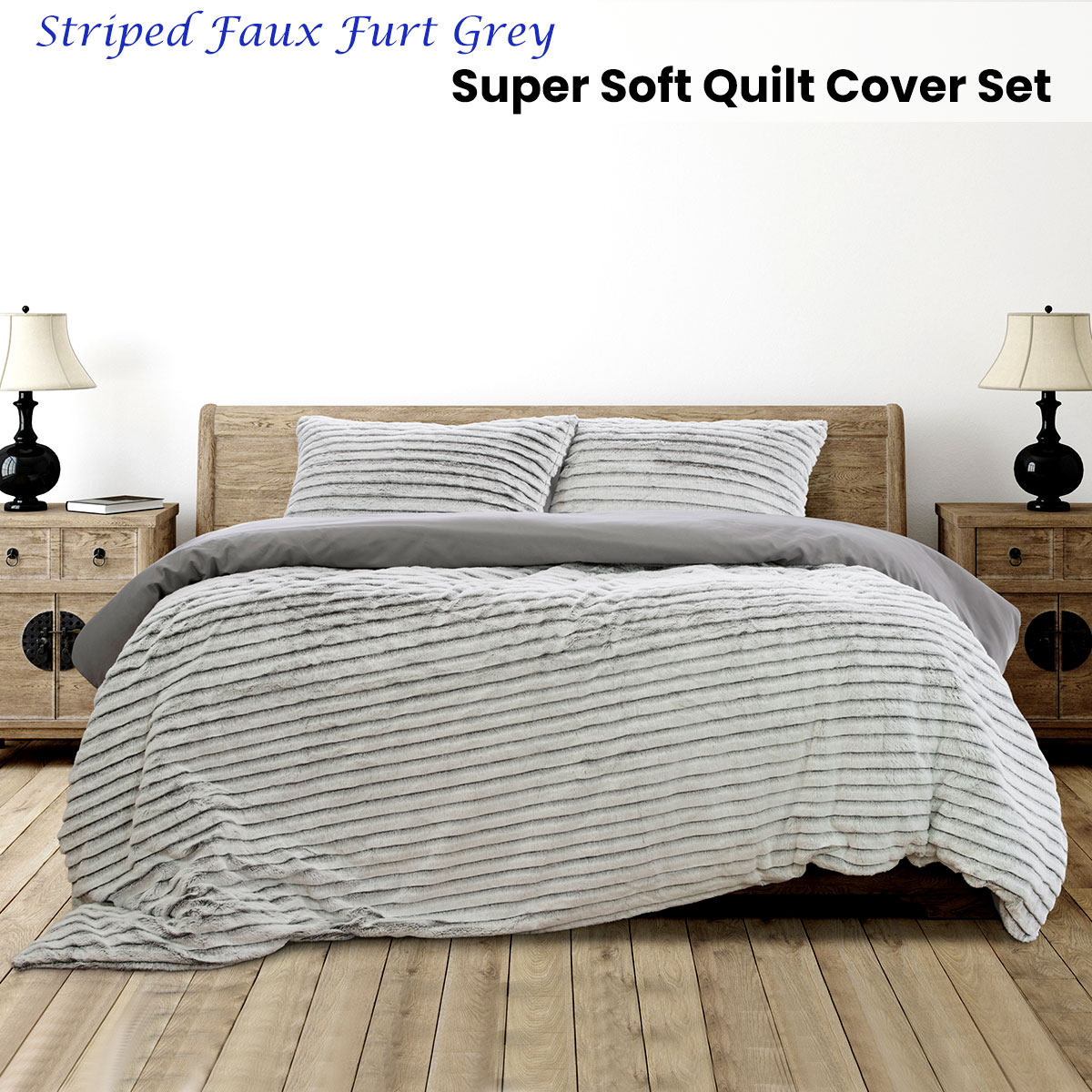 Ardor Striped Faux Fur Grey Super Soft Quilt Cover Set Queen — image 2