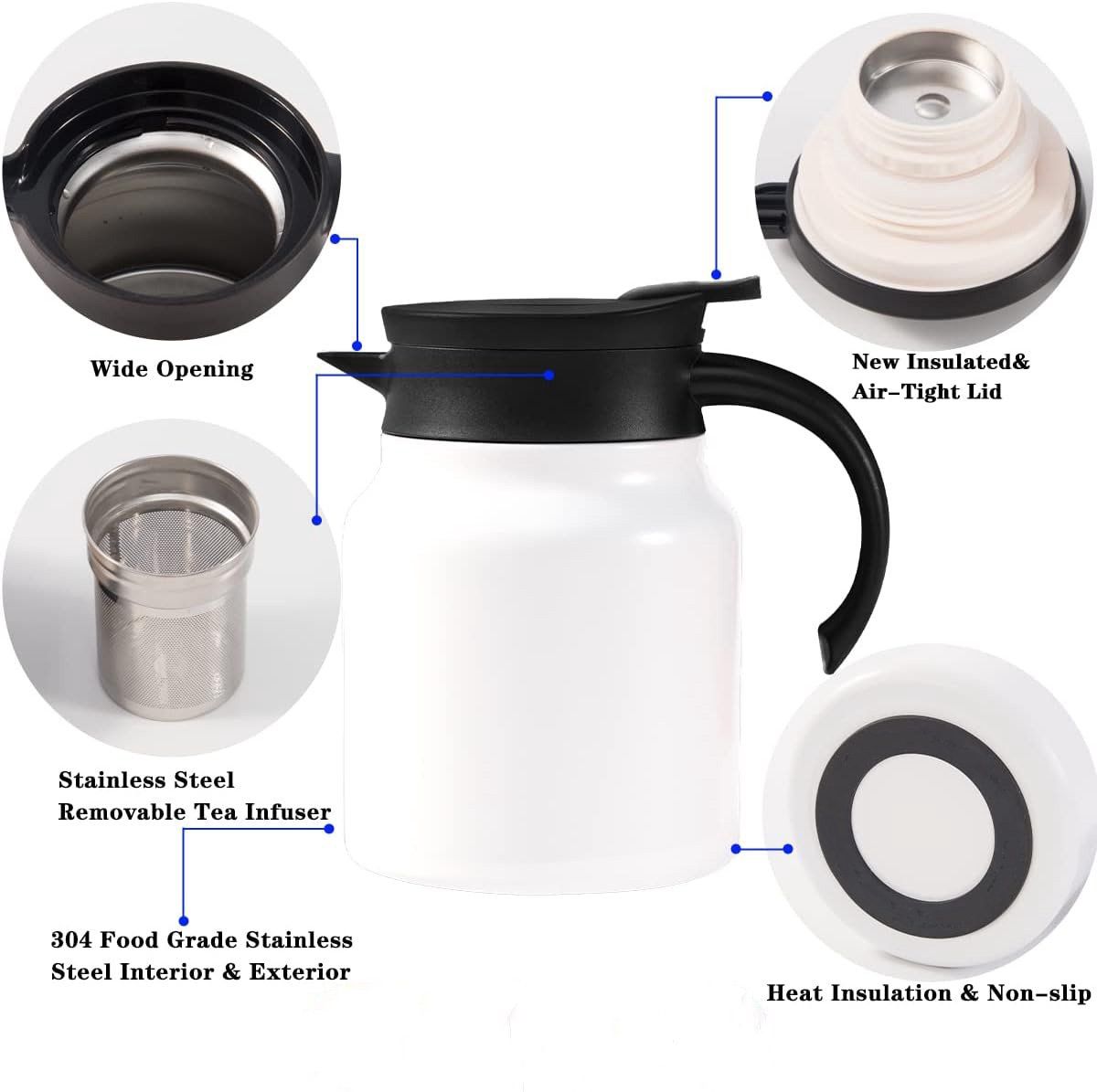 Vacuum Insulated Tea Pot With Infuser, 18 8 Stainless Steel Double Wall Thermal Carafe With Temperature Display, White, 1 L — image 5