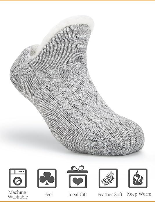 Gray Warm Non-Slip Knitted Thick Lined Cozy Winter Slippers for Women and Men, One Size Fits Most with Silicone Grips, Perfect for Home and Indoor Use — image 2