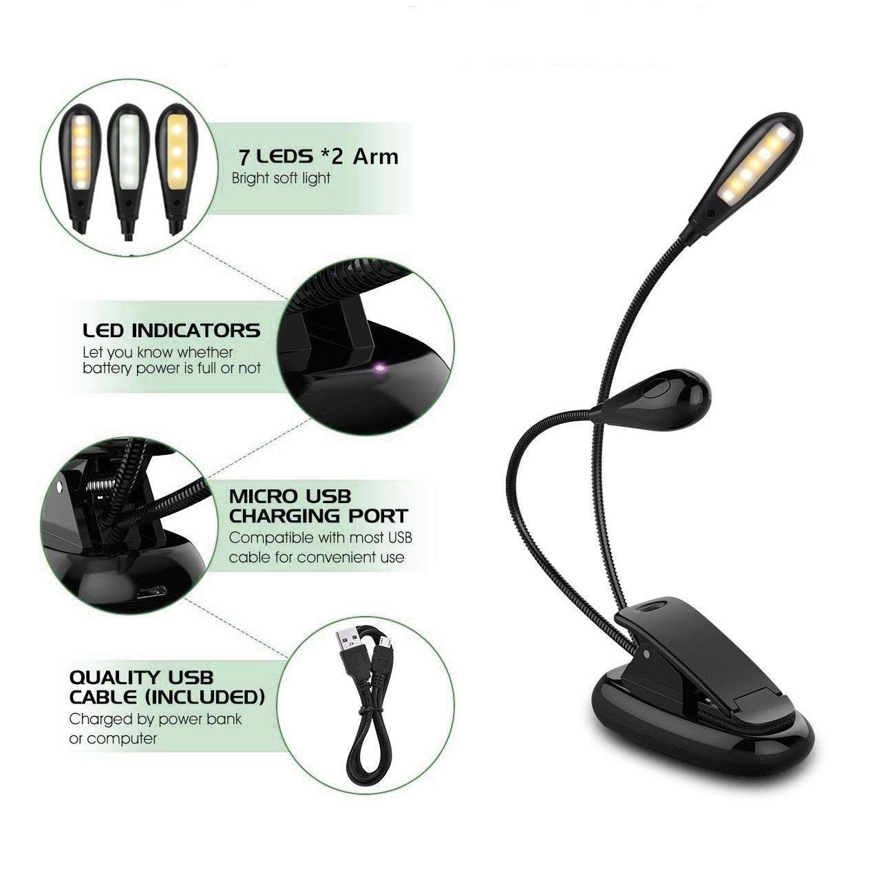 Reading Light Rechargeable Book Light with Clip On Lamp with Flexible Goose Neck, Perfect for Music Stand,Travel — image 4