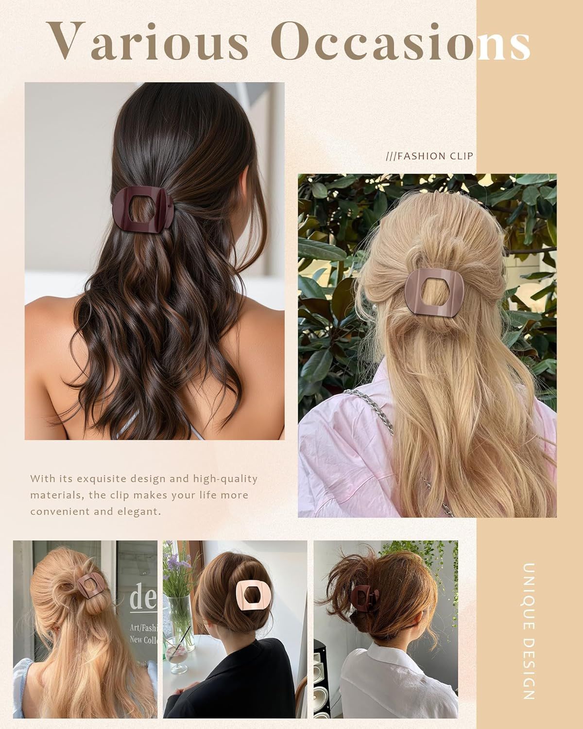 6Pcs lat Hair Clips or Women Strong Grip Curved Claw Clip or Thin Hair Non-slip Plastic Hair Barrettes ((Light Brown+Dark Brown+Light Brown+Dark — image 4