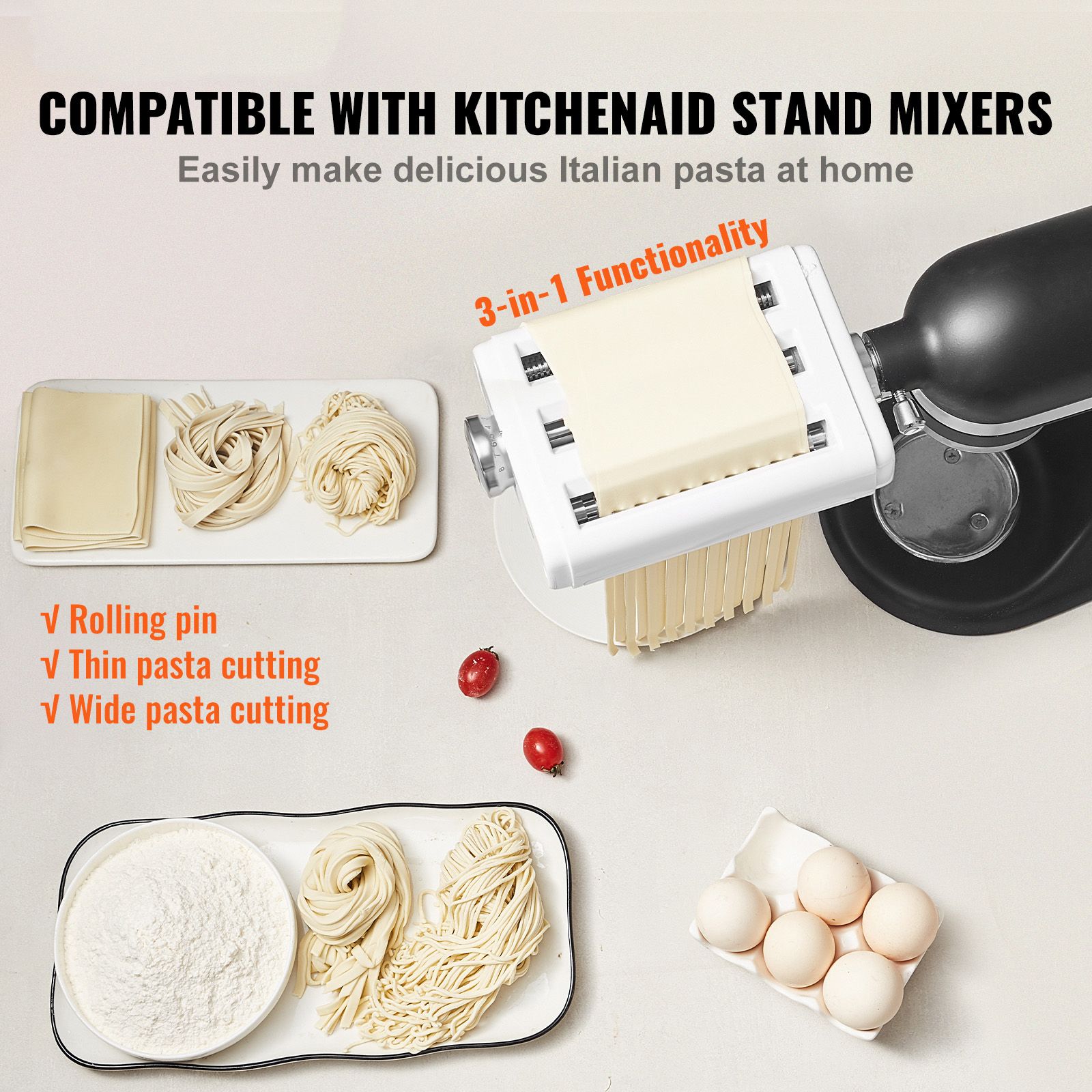 Pasta Attachment for KitchenAid Stand Mixer, 3-IN-1 Stainless Steel Pasta Roller Cutter Set Including Pasta Sheet Roller, Spaghetti and Fettuccine Cutter, 8 — image 2