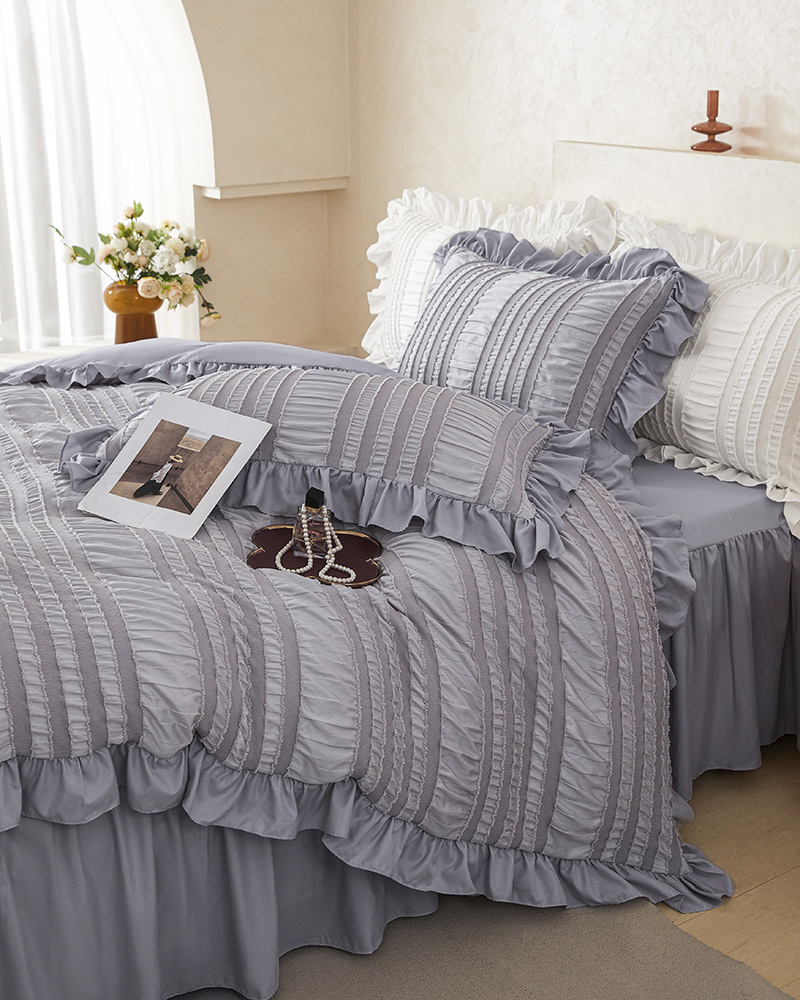 Pink Elegant Ruffle Seersucker Duvet Cover with 2PCS Pillow Shams - 3-Piece Vertical Stripe Clipped Floral Textured Bedding (Queen Size 229 × 229 CM) — image 3